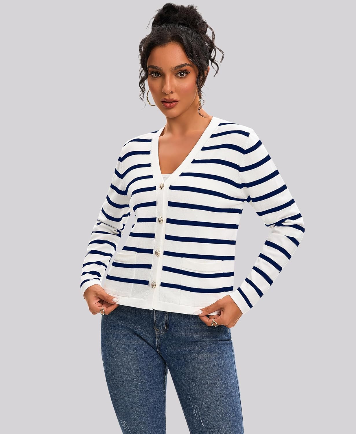 Women's Striped Cardigan Sweaters - Long Sleeve Button Down V Neck Knit Cardigans Classic Casual Tops for Women - Image 2
