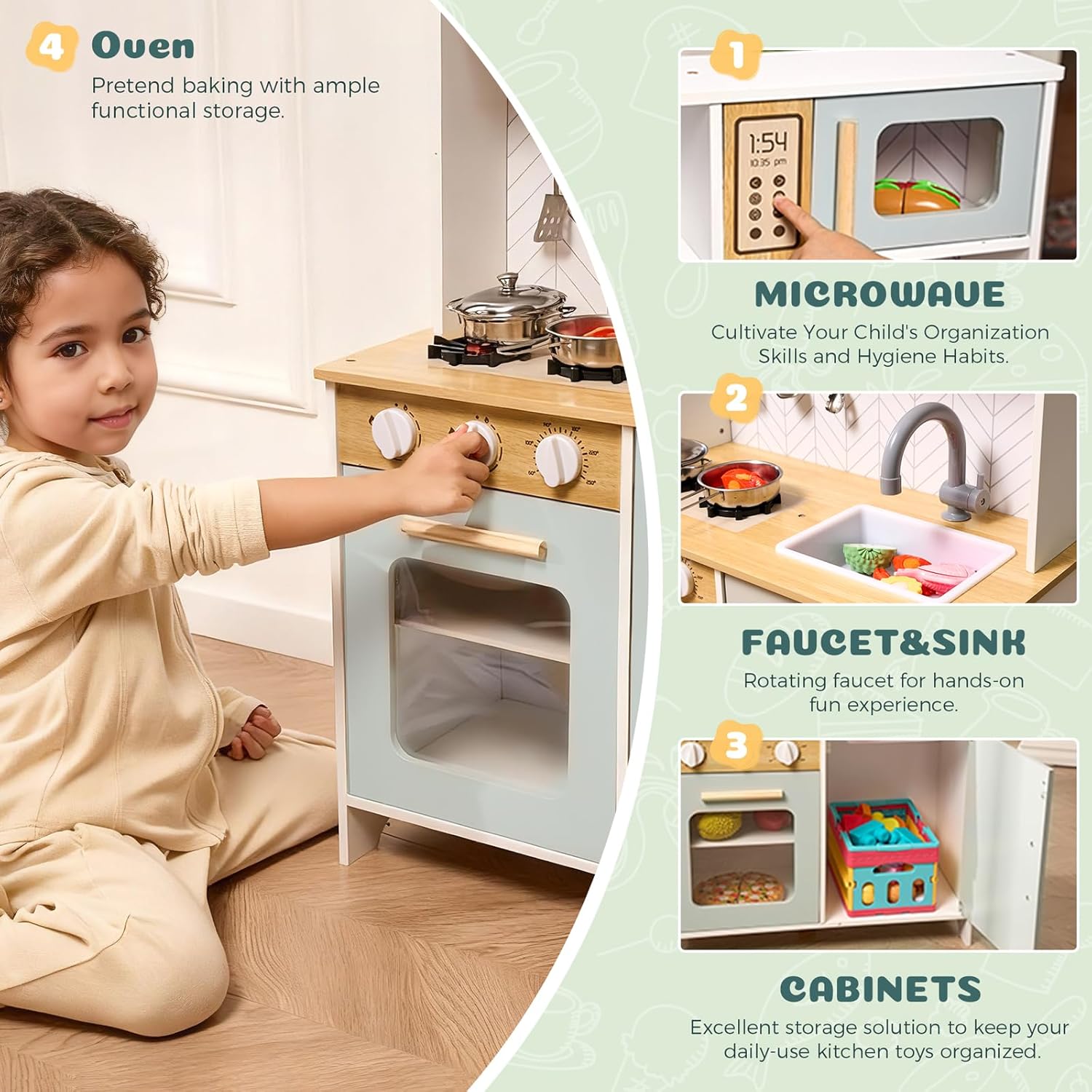 Play Kitchen for Toddlers, Wooden Toy Kitchen Playset for Kids, Chef Pretend Play Kitchens Set with Sink, Stove, Microwave, Storage and 6PCS Stainless Steel Accessories