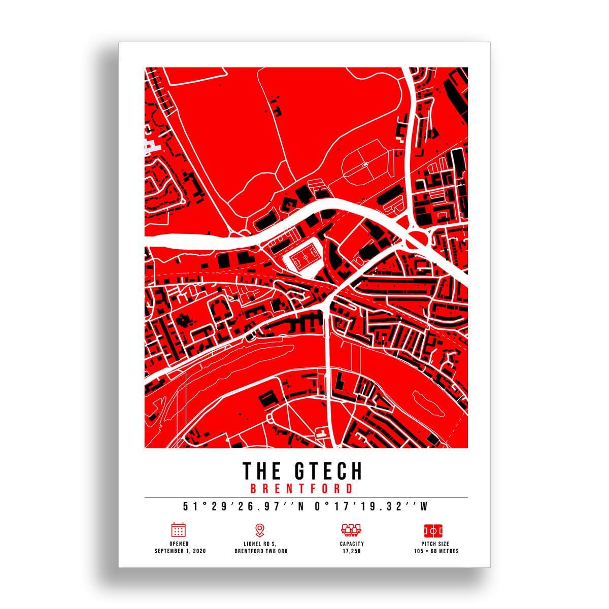 The Gtech Brentford Community Stadium Map Minimalist A4/A3 Poster Photo Print Framed Gift Brentford (A3 Poster Only)