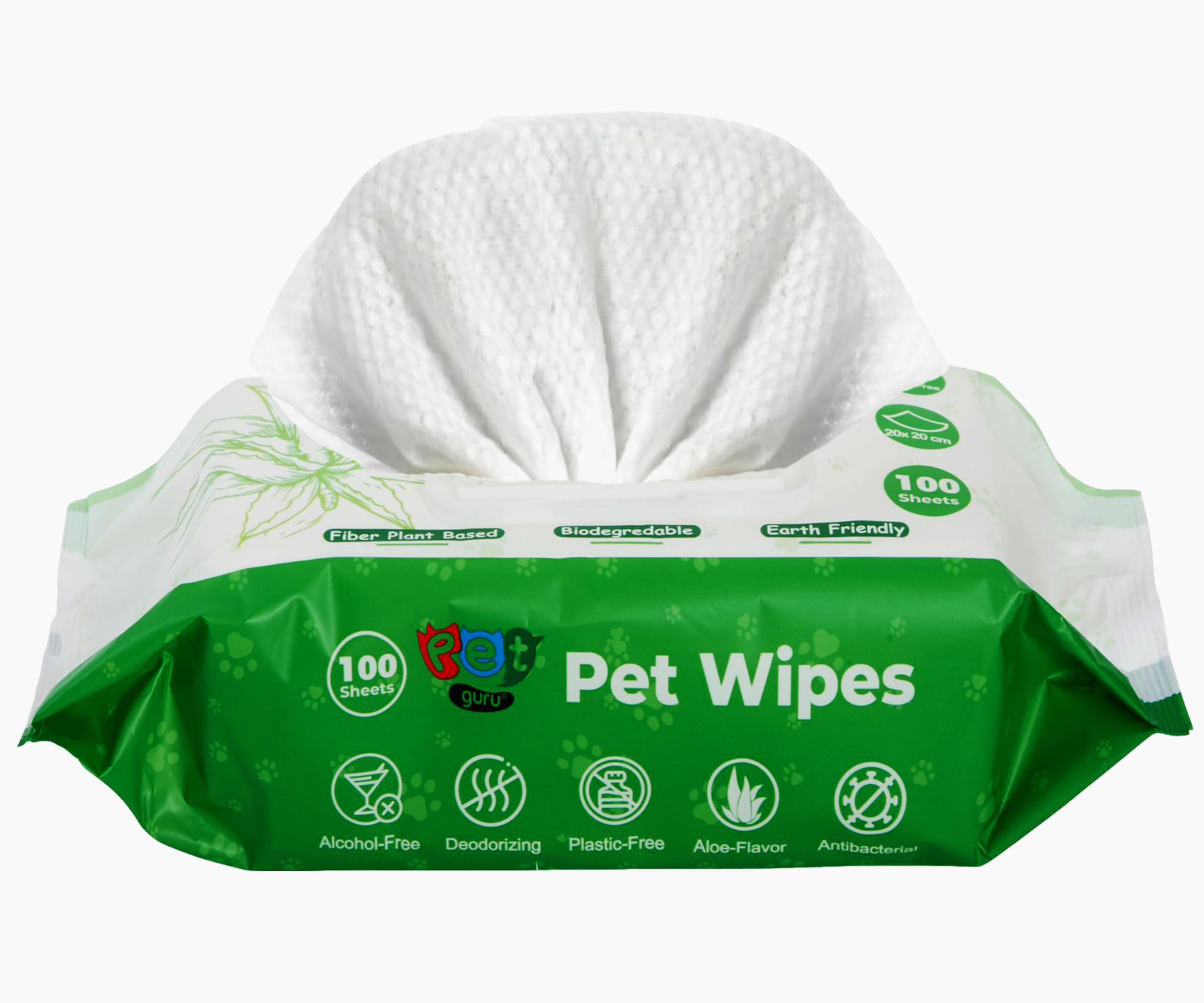 Pet Guru® Dogs & Cats 100% Plastic Free Biodegradable Antibectrial Deodorizing Multi-Purpose Cleaning Thick Pet Wipes Fiber Plant Based Alcohal Free Pet Wipes (1200 Wipes, Unscented)