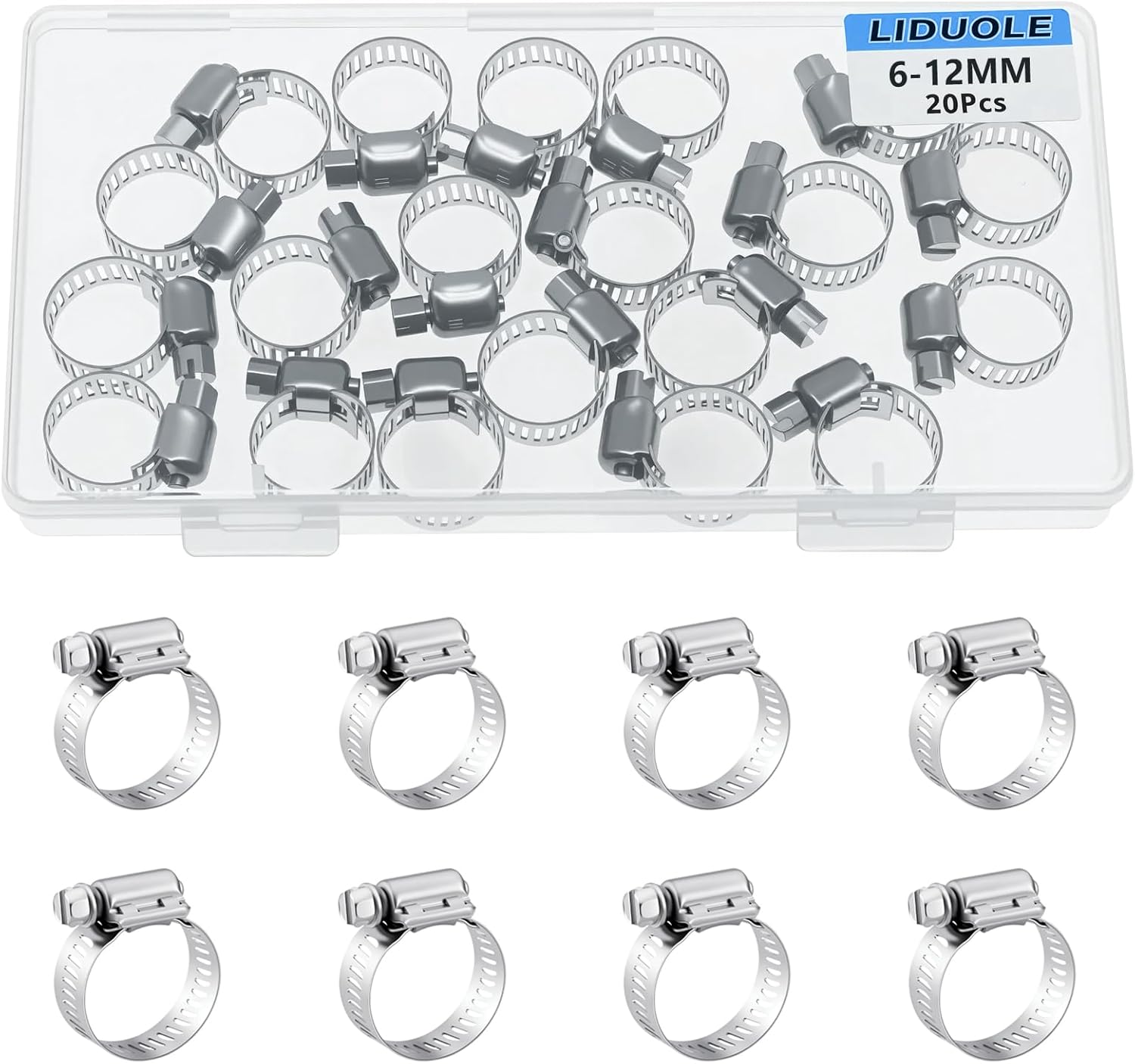 1/4-7/16 Inch Hose Clamp Stainless Steel Worm Gear Adjustable Hose Clamps 6-12MM Metal Hoseclamp for Radiator Automotive Pipe Fuel Line (Pack of 20Pcs)