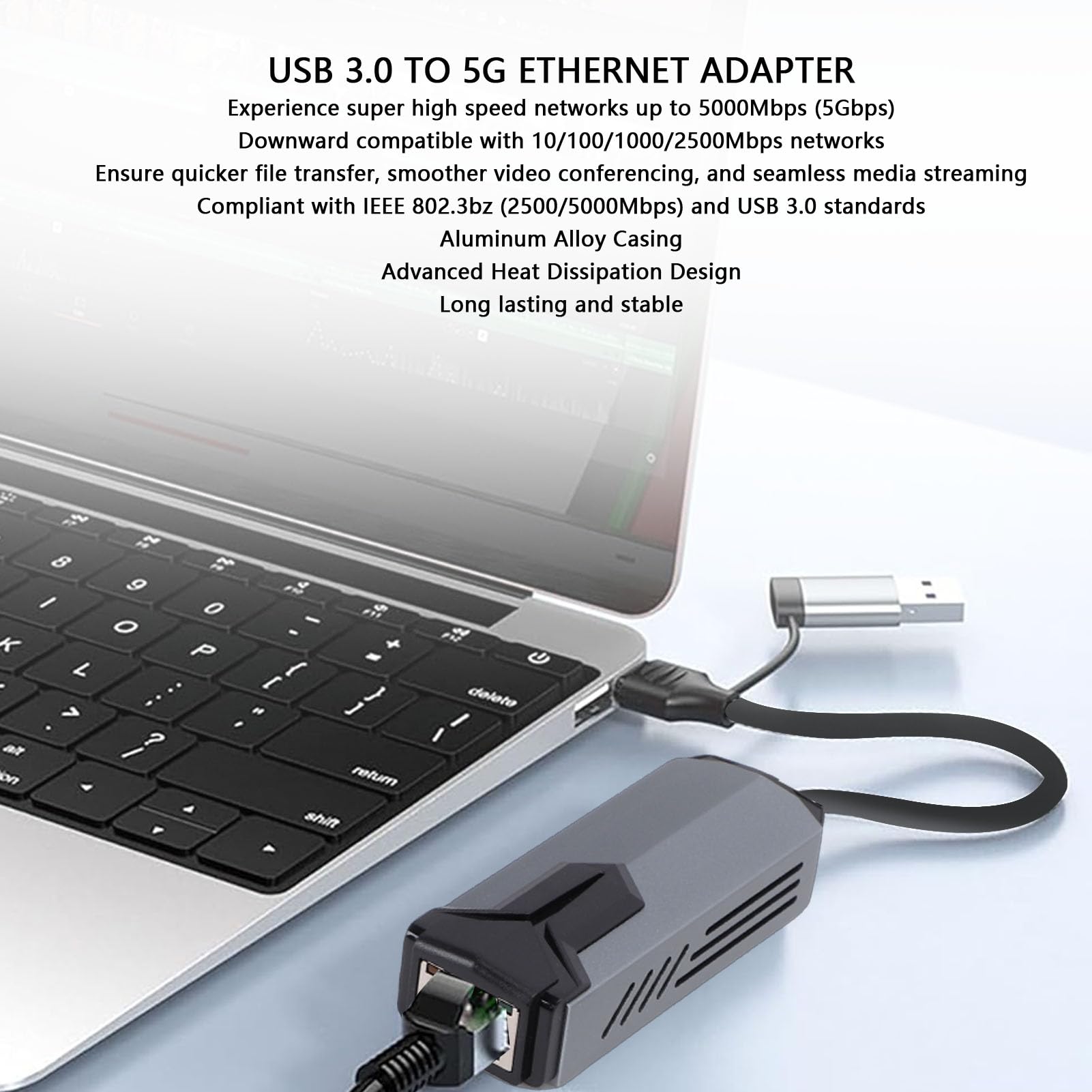 Adapter Ethernet 5G Usb3.0, 5000 Mb/s 2 w 1 USB A Typu C na RJ45 Obudowa ze Stopu Aluminium Rozpraszanie Ciepła Kompatybilny z Adapterem USB na Ethernet 10–2500 Mb/s do
