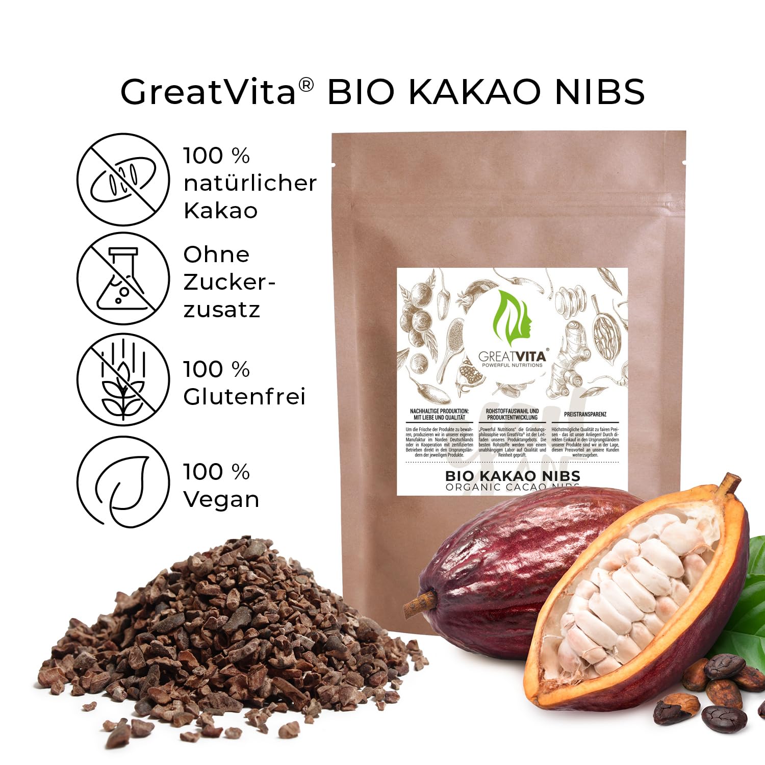 GreatVita Bio Kakaonibs 2.4 kg | Rohkost Kakao Nibs ideal als Topping, Naturprodukt ohne Zusätze aus Peru