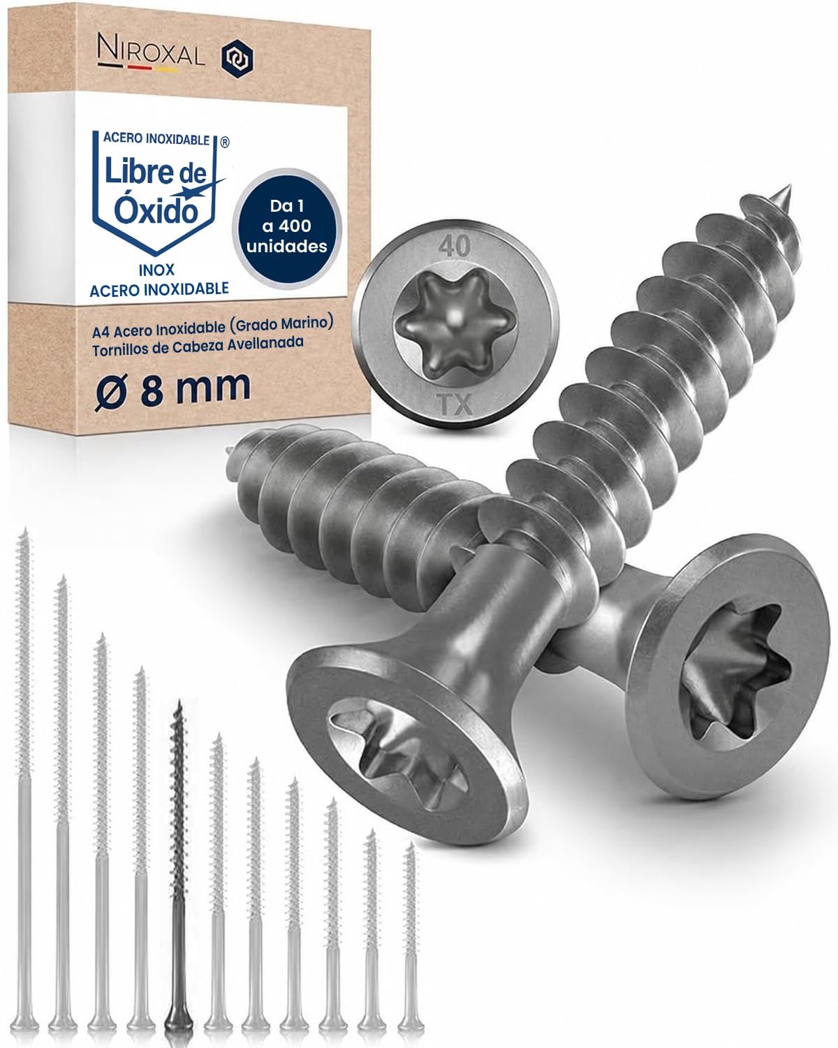 Tornillos para madera de acero inoxidable A2 con cabeza avellanada Torx TX40 – rosca parcial – 8 x 140 mm – 400 unidad – tornillos universales para madera