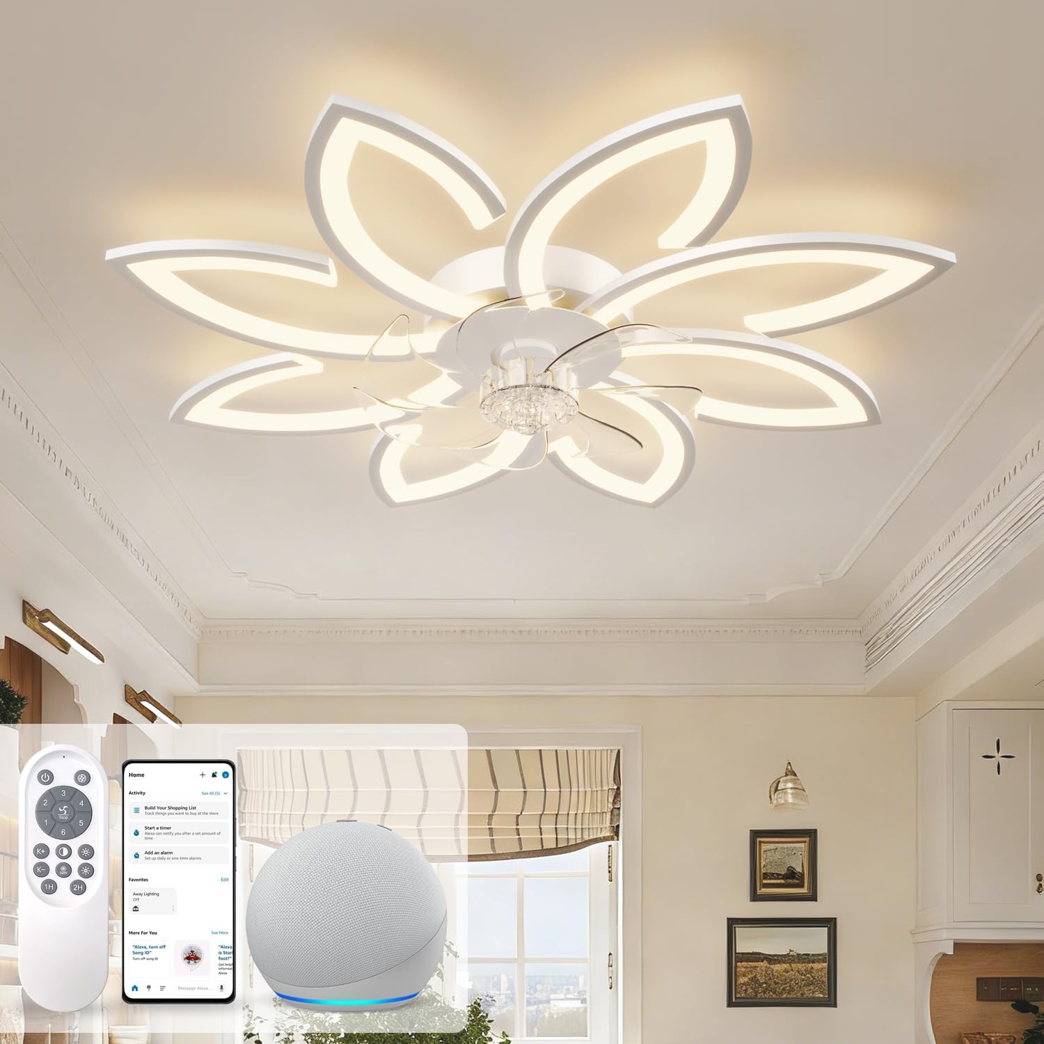 Smart Ceiling Fan with Light 90cm, Works with Alexa (BLE Mesh), Low Profile Bladeless Fan with Dimmable 90W LED, 6-Speed Silent DC Motor, Reversible Airflow for Bedroom & Lounge, White