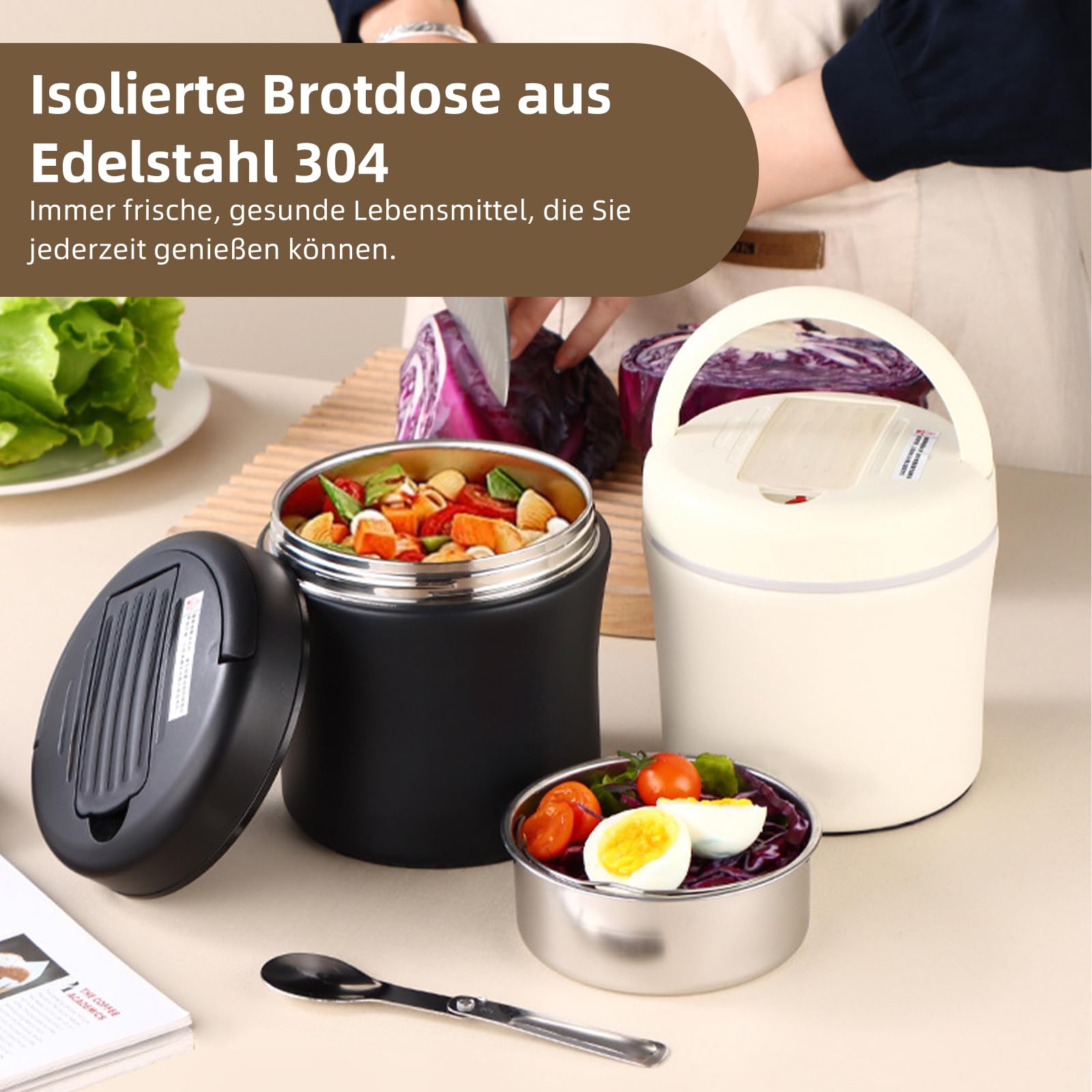 Thermobehälter für Essen, Thermobehälter Brotdose 1,2L Edelstahl Isolierter Behälterbehälter für Warmes Geschirr Thermoschüssel mit Deckel Thermo Lunchbox für Mahlzeiten,Suppe,Obst (Schwarz)
