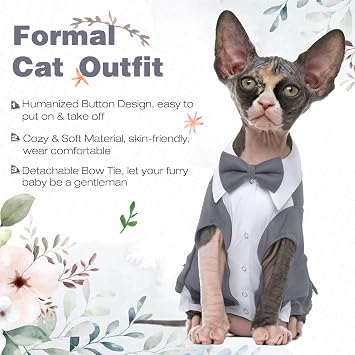 DENTRUN Cat Tuxedo Suit with Two Bow Tie, Stylish Cat Shirt Formal Outfit, Hairless Cat Fashion Apparel Fancy Clothes, Kitten Formal Attire Wedding Onesie Costume for Cats Only