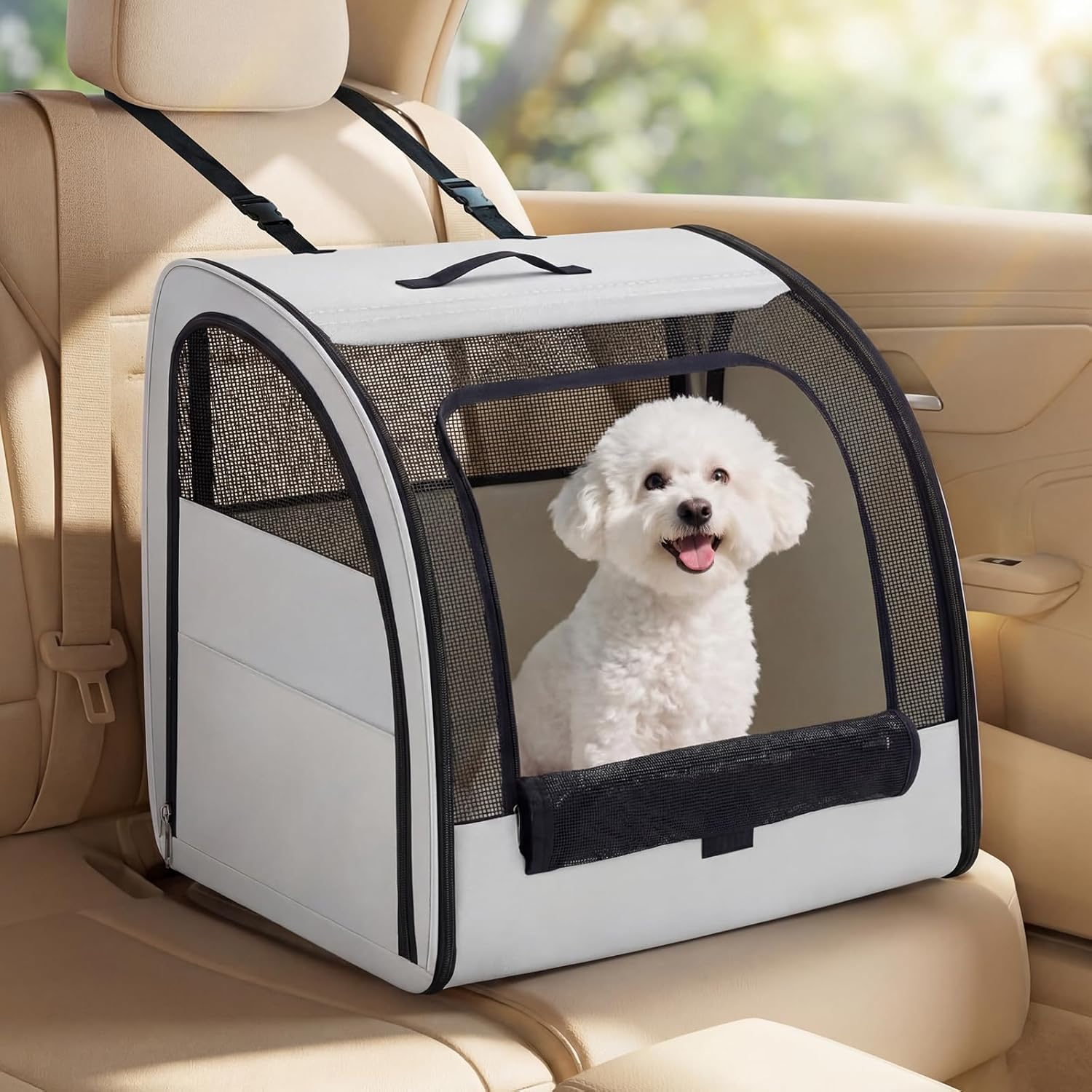 1 Pack Enclosed Dog Car Seat Carrier for Small Medium Dogs Cats 19.5 x 19 x 20 in Soft Sided Pet Travel Crate Kennel for Back Seat Breathable Mesh Windows, Foldable Kennel with Pad and Pocket