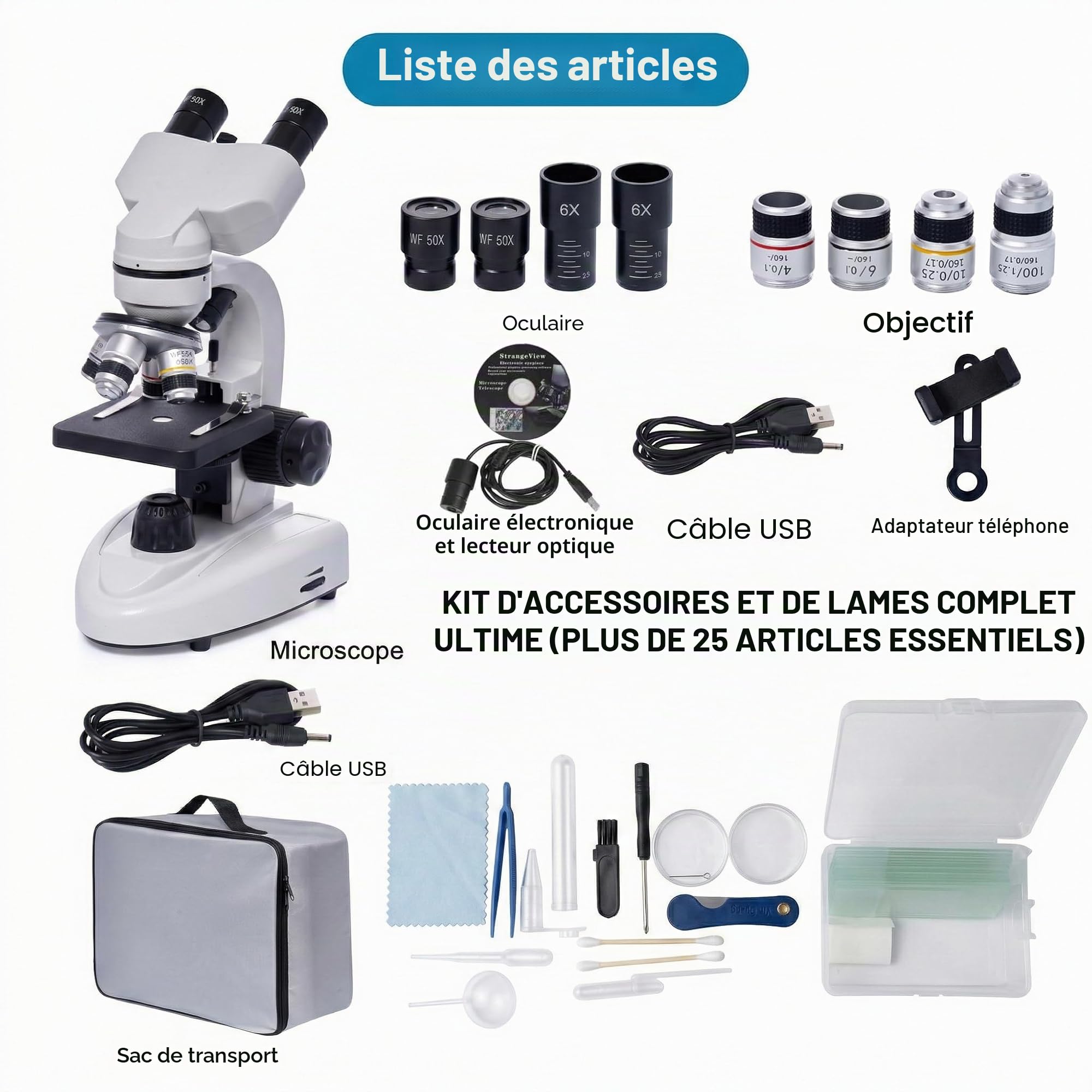 Microscope pour adultes et étudiants, 200X-5000X - Microscopes numériques biologiques binoculaires pour l'éducation à la maison avec oculaire électronique 2 MP, ensemble de lames de microscope
