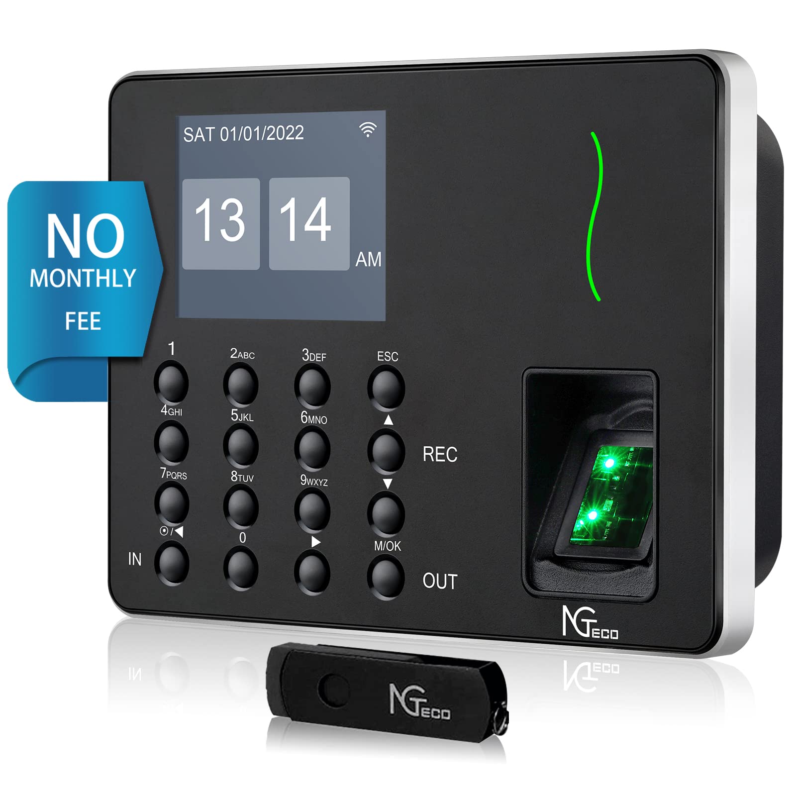 NGTecoBiometric Fingerprint clocking in machine for Small Business WiFi Time Card Machine, Office Punch Clock Automatic in and Out with APP for iOS Android (0 Monthly Fees) W3