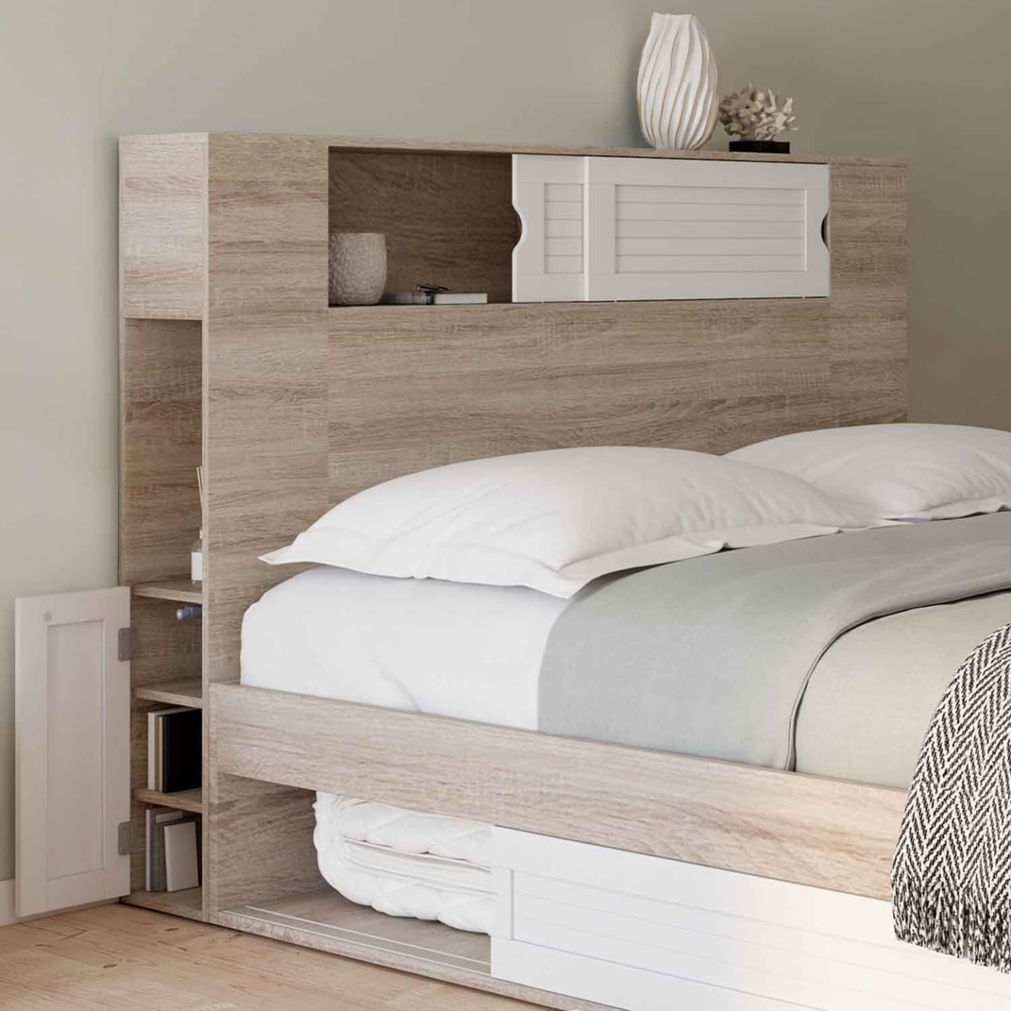 IDMarket - Cabecero de cama con pie Salem 145 cm con almacenamiento cerrado y nichos de madera y blanco