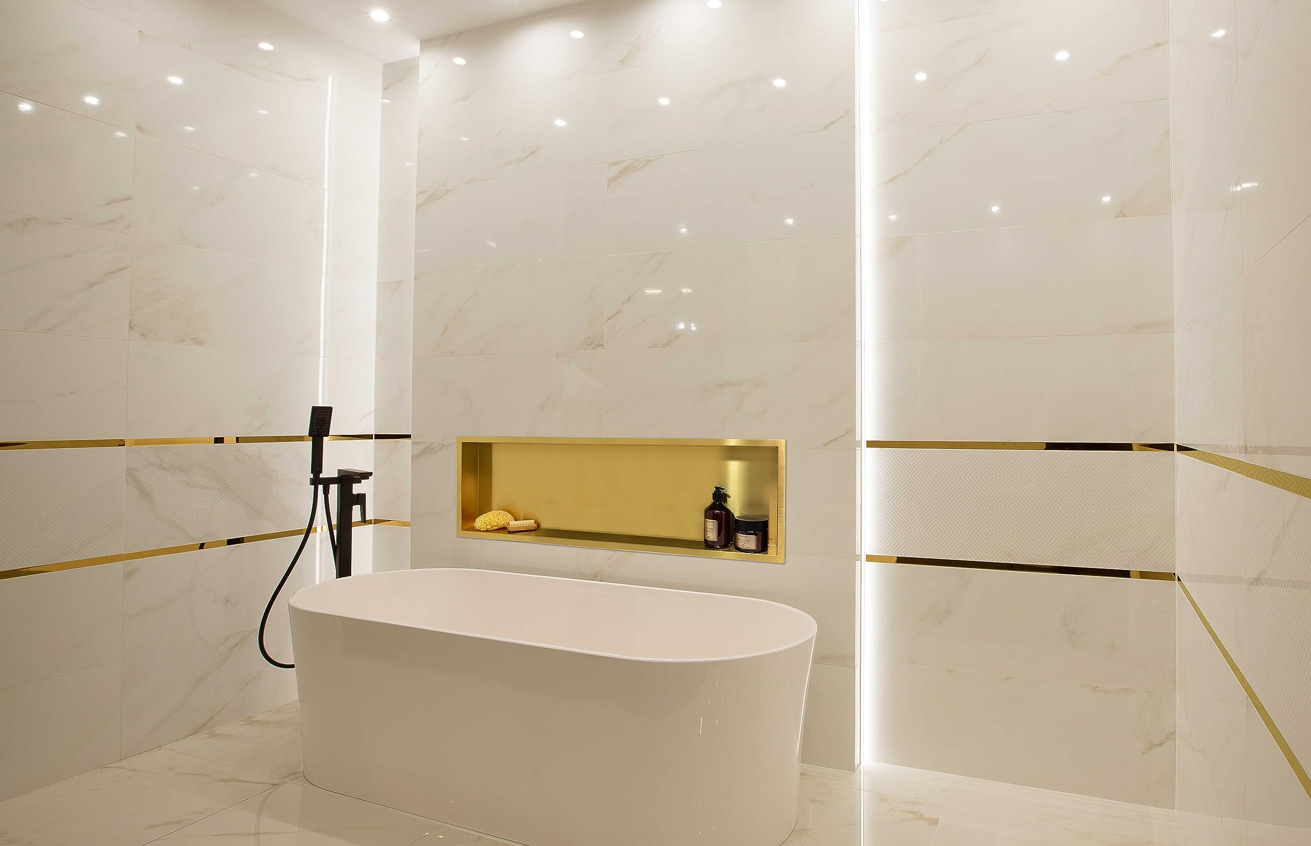 Wall-Box One Gold Nicho de Acero Inoxidable 90x30x10cm, Dorado, Impermeable, Instalación Flexible, Nicho para Utensilios de Baño, sin Azulejos