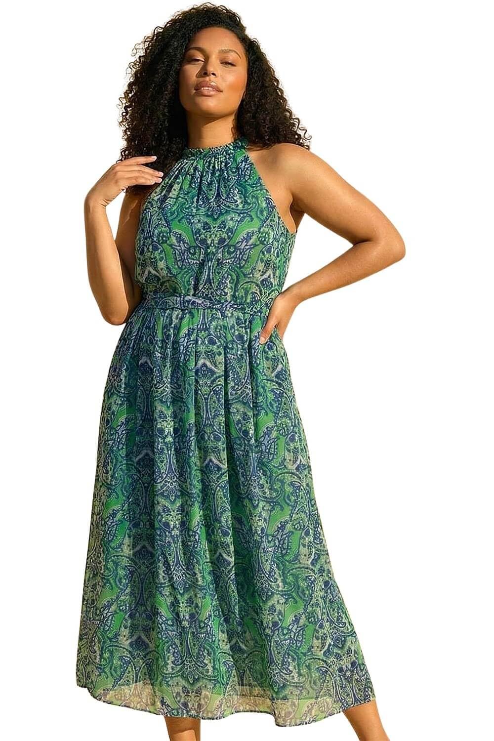Roman Women's Turquoise Curve Abstract Print Halter Maxi Dress In | : 22/24