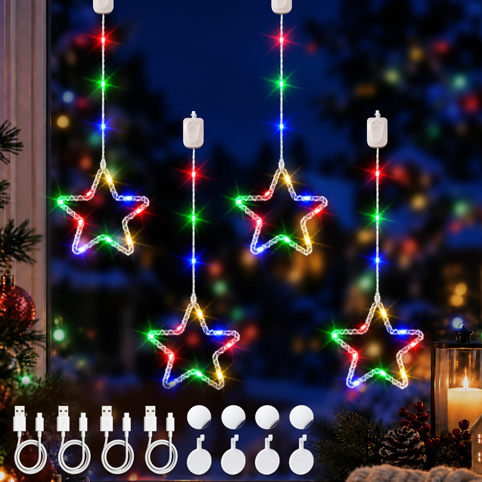 DazSpirit Rechargeable LED Christmas Star Window Light, 4 Pack, Multicolour