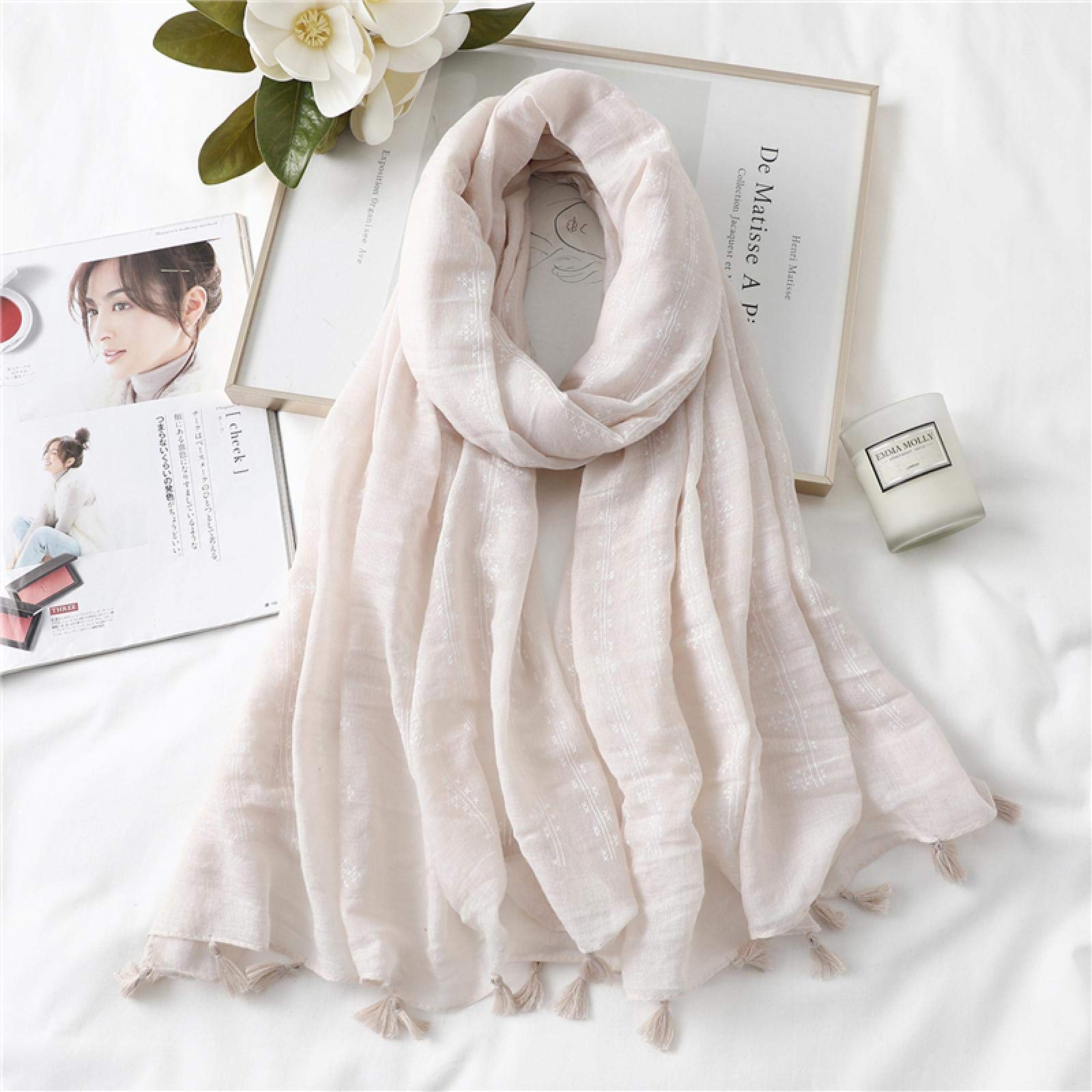 Scarf Cotton Women Scarf Hijab Shawls Lady Wraps Solid Embroidery Foulard Warm Femme Winter Scarves (Color : WJ148-White)