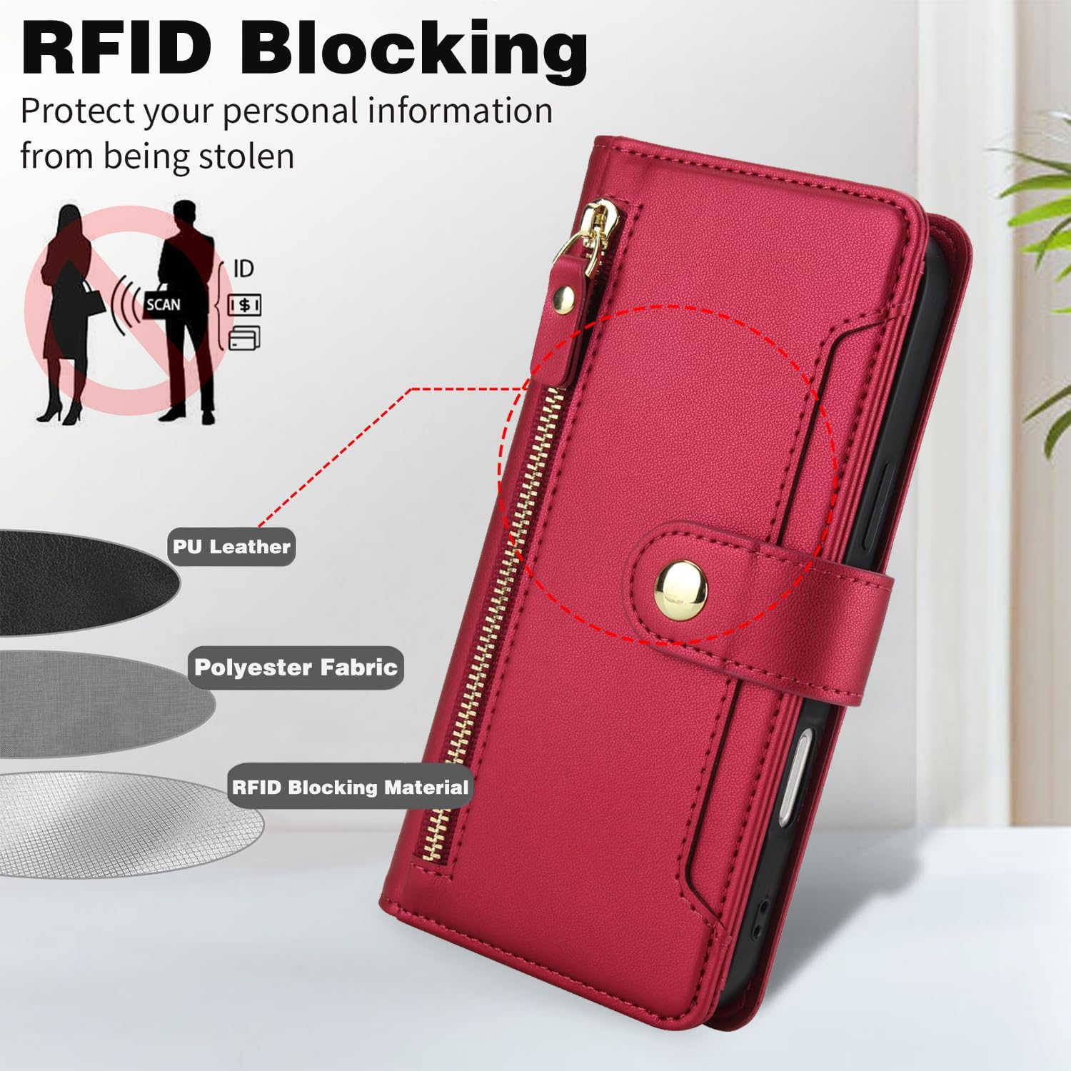 Asuwish Phone Case for iPhone 16 Pro Max 6.9 inch Zipper Wallet Cell Cover, with Tempered Glass Screen Protector and Crossbody Strap, Credit Card Holder i Phone16 16Pro i16 ProMax 16ProMax Women Red