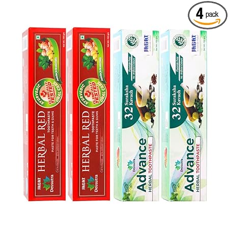 Jagat Devsutra Dr. Trusted Ayurvedic HERBAL Advanced Toothpaste & Red Toothpaste for Teeth Whitening - 100% Natural Formula, No Fluoride & Artificial Colors (2 Pack Each) (100g x 4)