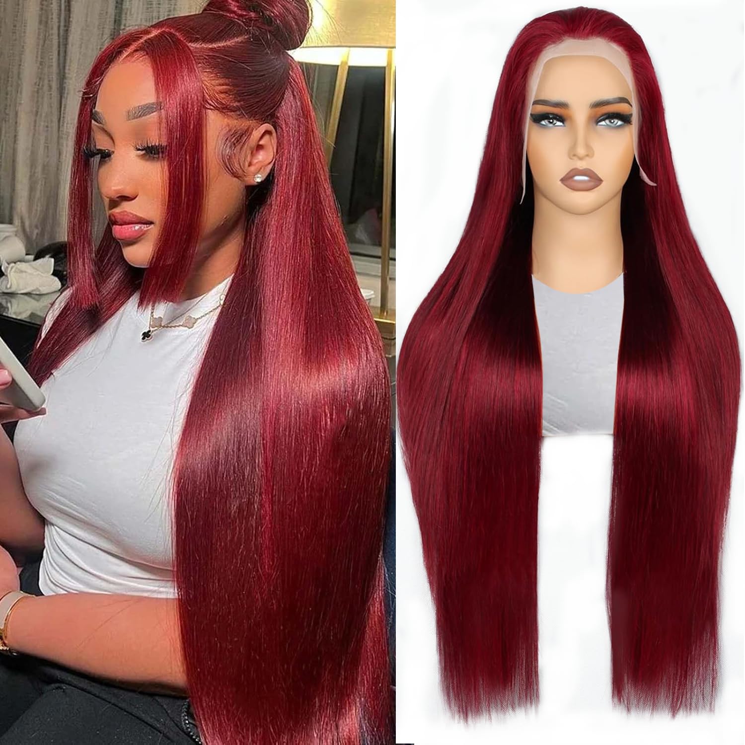 PANDA ANGEL 99J Burgundy Lace Front Wigs Human Hair Wine Red Colored 26 Inch Straight Frontal Wig Human Hair Glueless Wear and Go 13x4 HD Transparent