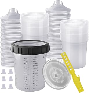 Disposable Paint Sprayer Gun Cup 27 Ounce(800ML) Kit with 30 Cups and Lids System, 1 Hard Cup with Retainer Ring, 6 Plugs, 1 Paint Stirrer for Automotive Commercial Coatings (27 Ounce-30PCS)