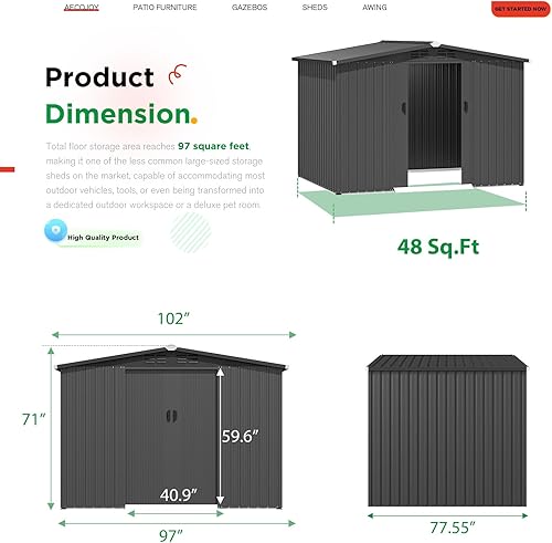 Vista 64 de AECOJOY Cobertizo de almacenamiento de metal de 8 x 6 pies para exteriores, cobertizos de acero de 6 x 8 pulgadas y almacenamiento al aire libre