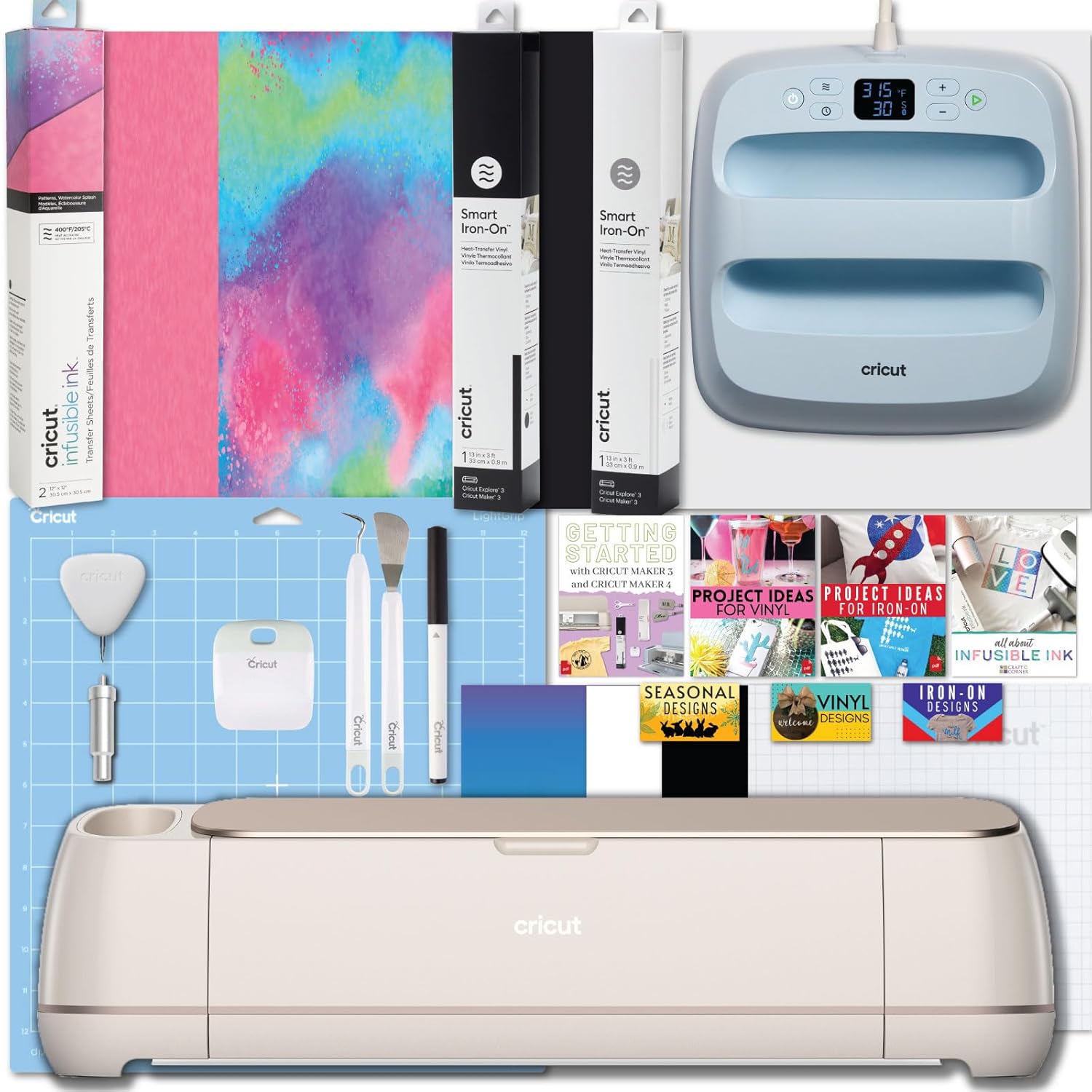Cricut Maker 4 Machine Ultimate Bundle- Rainbow Vinyl Sampler, Infusible Ink, Card Making Kit, Iron-On Sampler Roll, Tool Set and Cutting Mats, Beginner Cutting Machine Set for Die-Cutting Projects