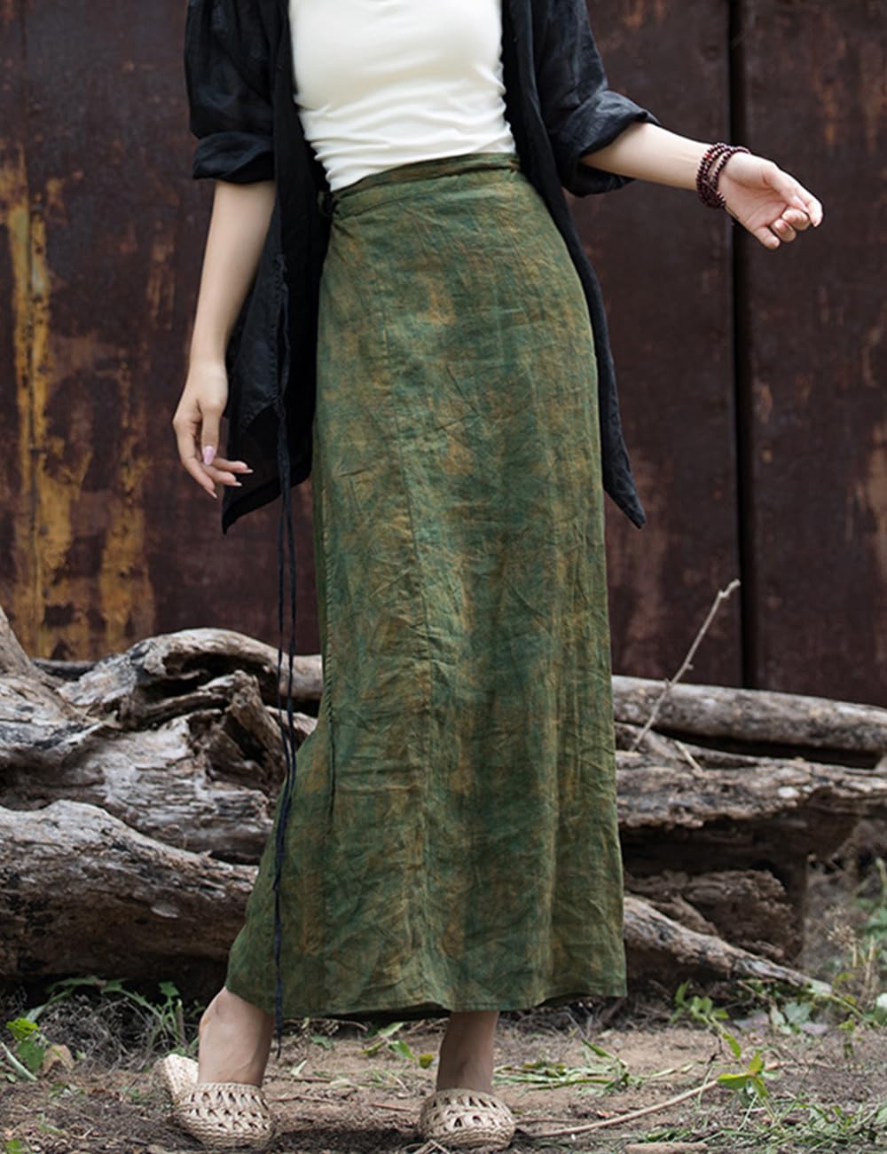 Damen Wickelrock mit Schlitz, zum Selbstbinden, chinesischer Einteiler, Blumendruck, elegant, Vintage, langer Rock