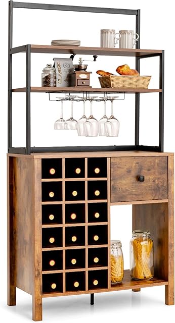 COSTWAY Sideboard with Hutch Shelf, Buffet Wine Cabinet with Glass Holder and Wine Rack, Free Standing Utility Storage Cabinets for Kitchen Living Room Dining Room (Rustic Brown)