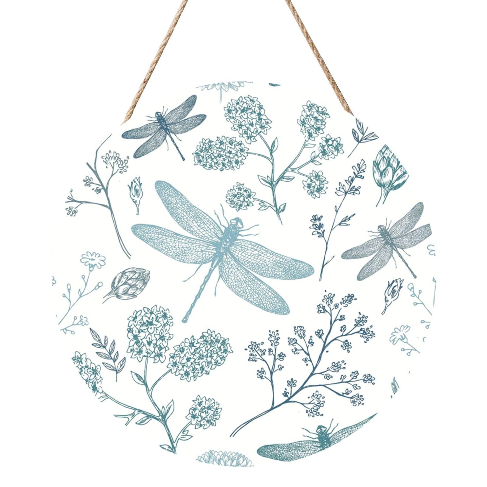 InOmak Blue Dragonfly Fern Botanical, Round Wood Panel Painting 12 in, Wall Hanging Painting For Home