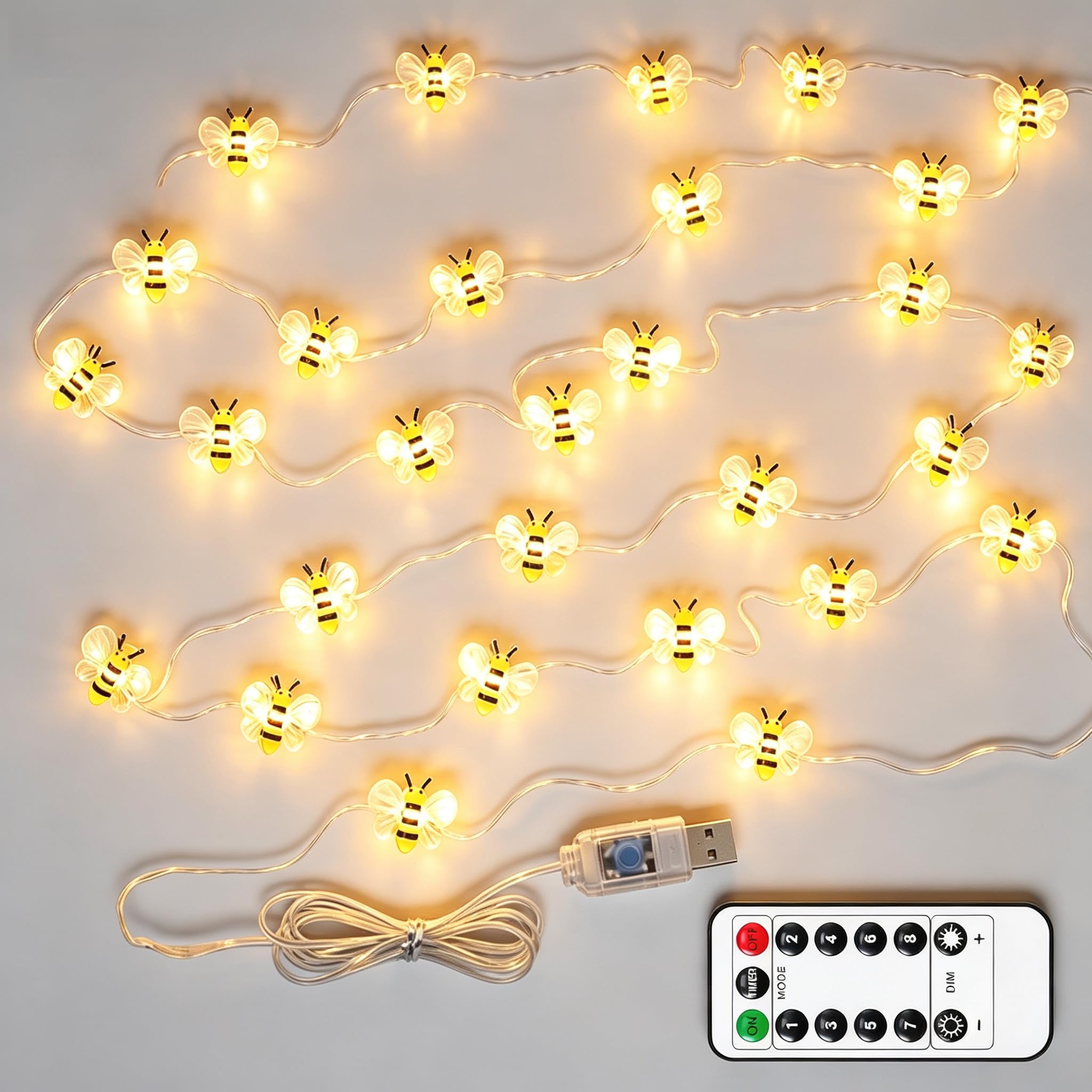 TW1TGOFT Bee String Lights - 3M 30 LED Bee Lights Decor with Remote, USB Operated Cute Bees String Lights for Children's Room, Garden, Wedding, Party, Birthday, Outdoor and Indoor, Warm White
