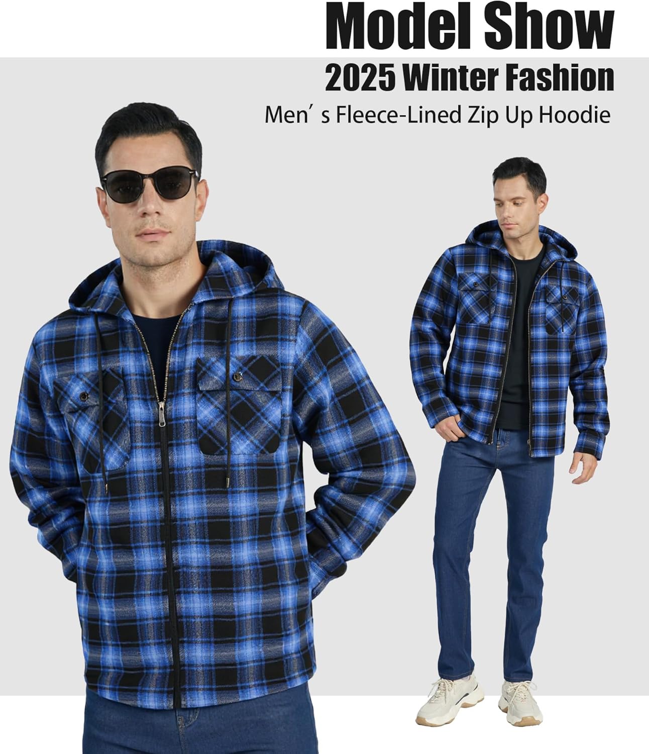 Little Beauty Men's Flannel Shirt Jacket Zip Up Fleece Plaid Jackets with Pokect Winter Warm Sherpa Lined Coat Hoodie - Image 3