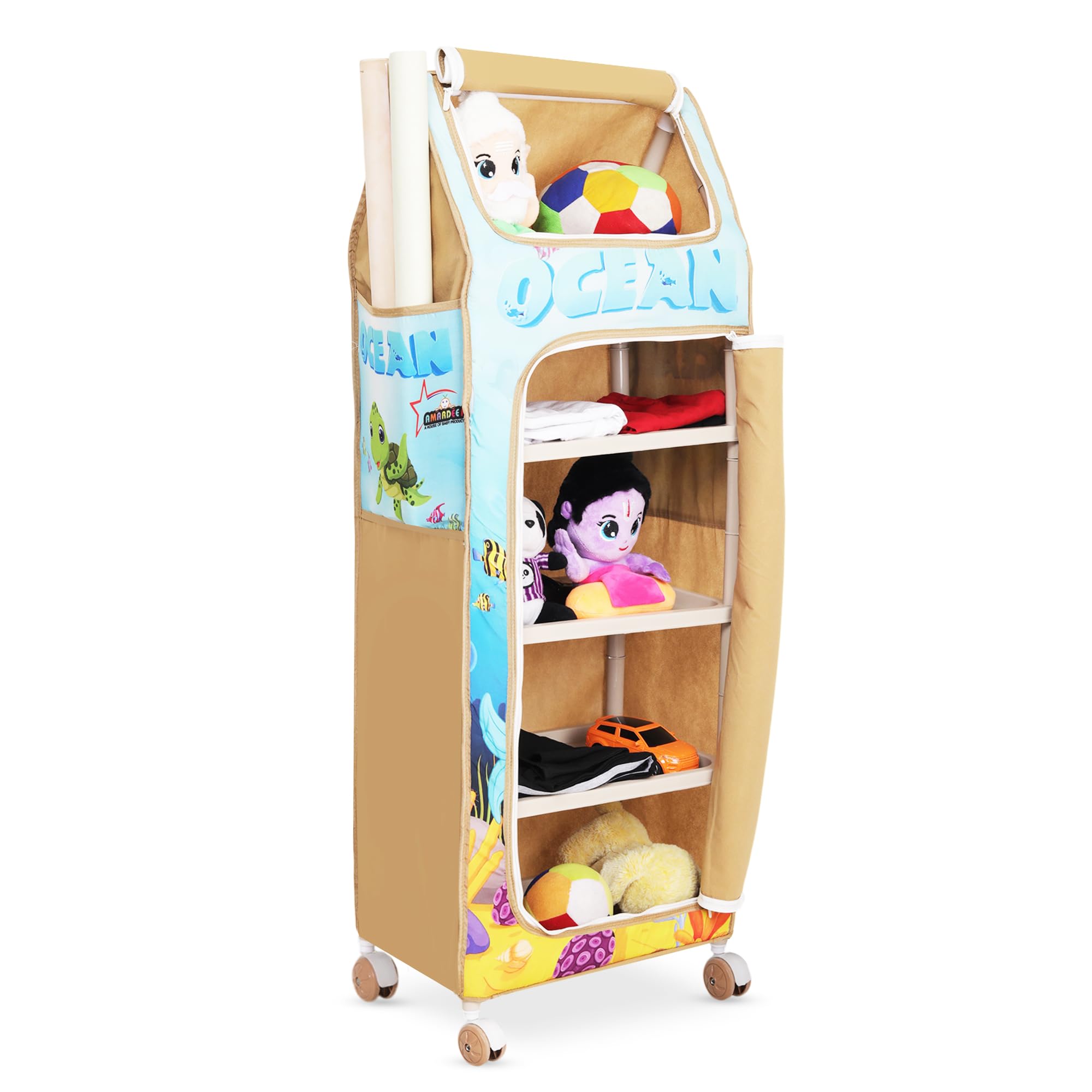 AMARDEEP Baby Folding Almirah with 5 Trays | Portable Wardrobe for Kids | Cloth Organizer with Wheels | Cartoon Print Storage Cabinet | Multipurpose Kids Almirah for Baby Clothes & Toys - Image 7 thumbnail