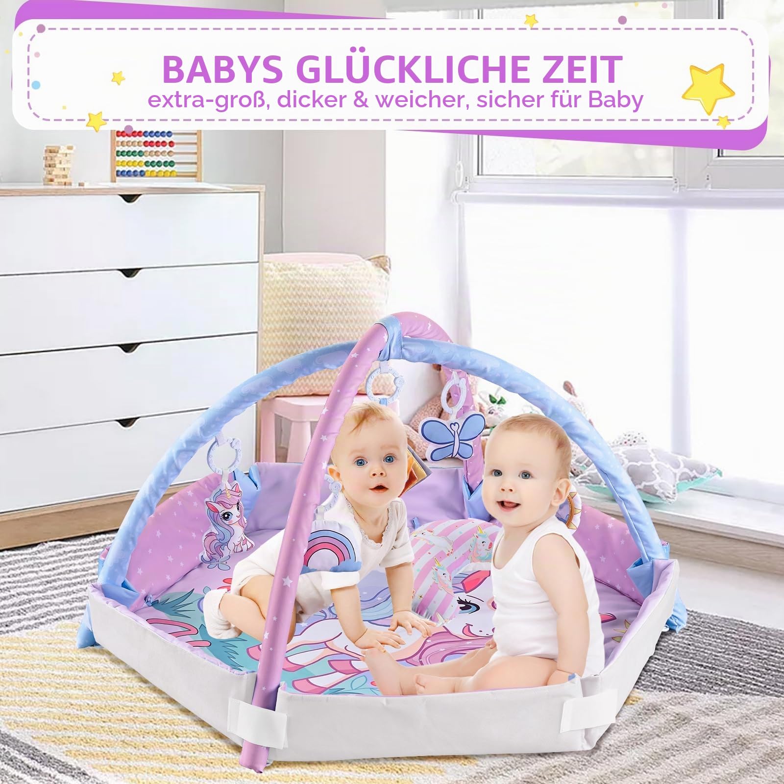 Einhorn Spielbogen Baby 4 in 1, Krabbeldecke mit 5 Hängespielzeug Kissen, Faltbar Weich Krabbelmatte Baby ab 3-24 Monate, Frühe Sensorische Entwicklung Play Mat für Neugeborene