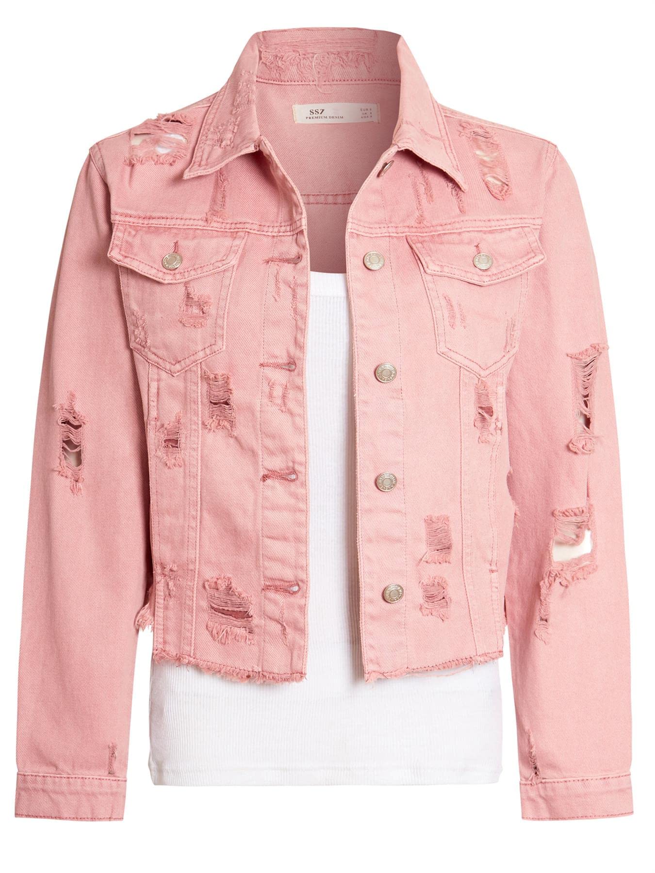 Ss7 Women's Pink Denim Distressed Frayed Jacket