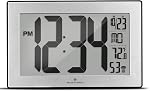 MARATHON Atomic Wall Clock, Silver - Large 9-Inch Display - AM/PM or 24-Hour Time, 8 Time Zones, Indoor Temperature, Day & Date