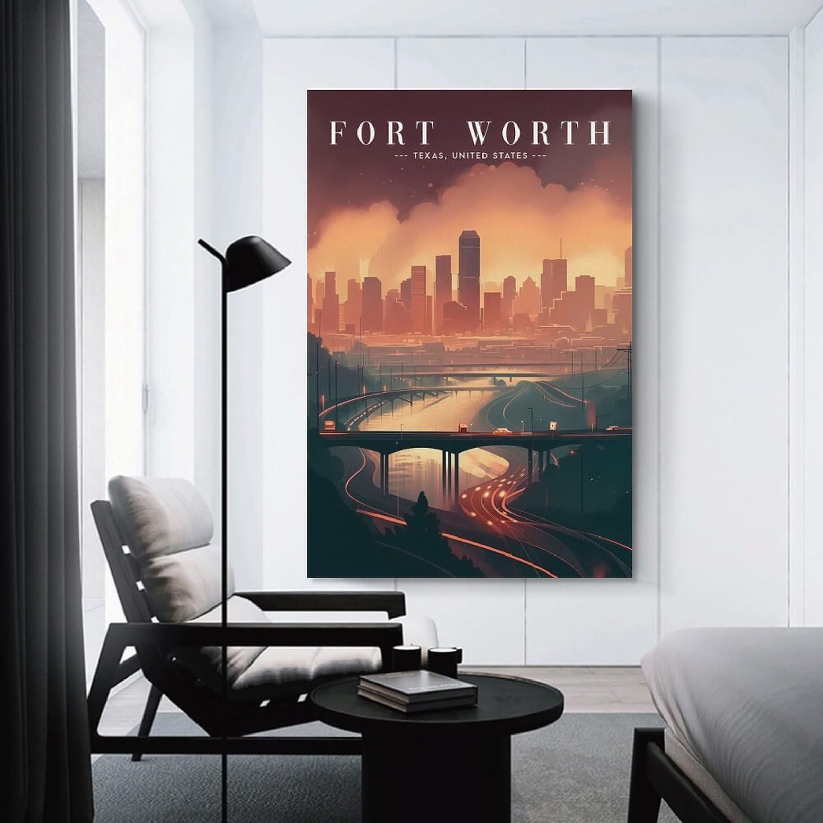 Junmoney Unframe-Style-12 Home Decor Wall Art Fort Worth Urban Panorama, 24X36inch(60X90cm), For Flats, Guest Rooms Or Compact Rooms, Wall Decor With Flexible Room Appeal