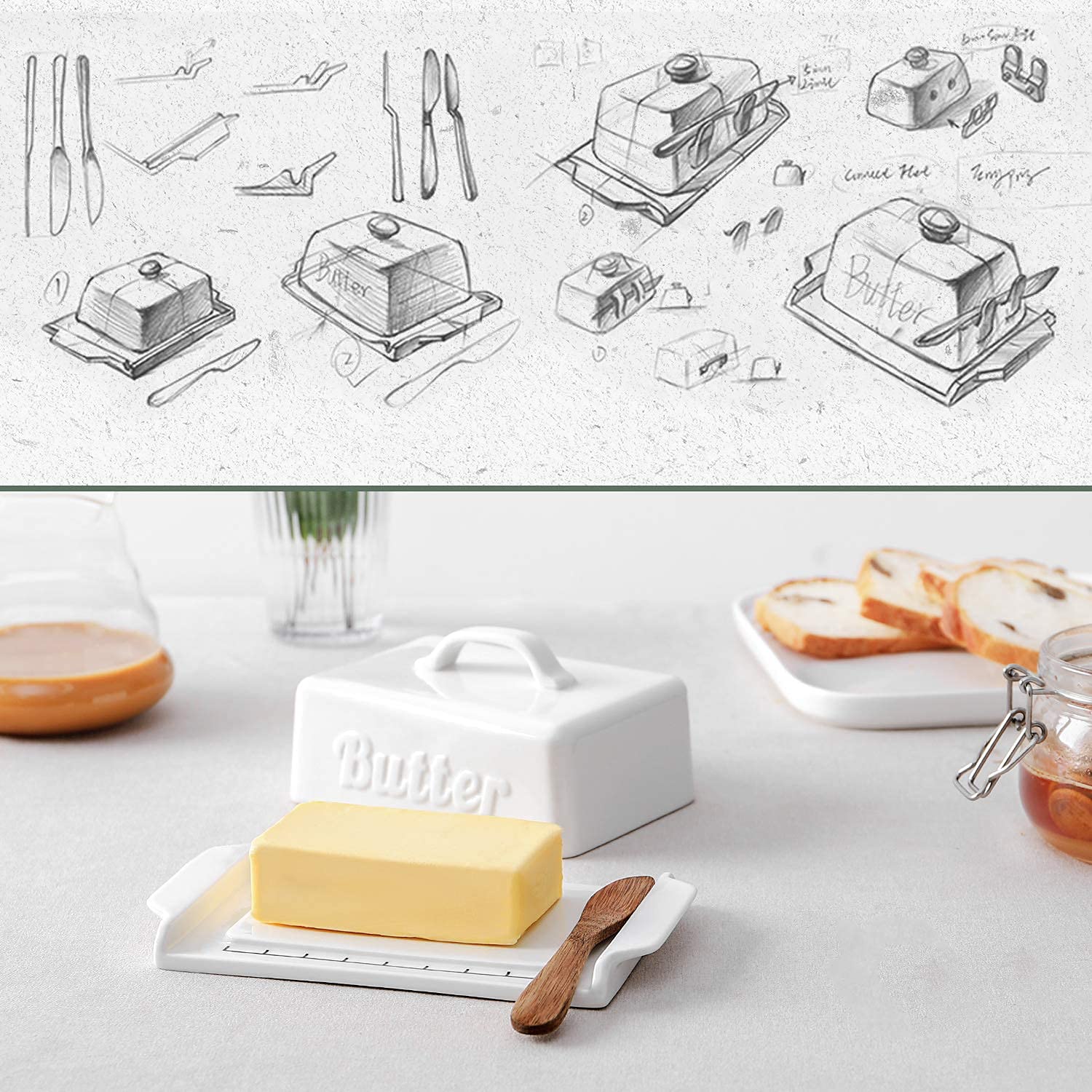 DOWAN Butter Dish Porcelain Butter Dish with Knife, Cutting