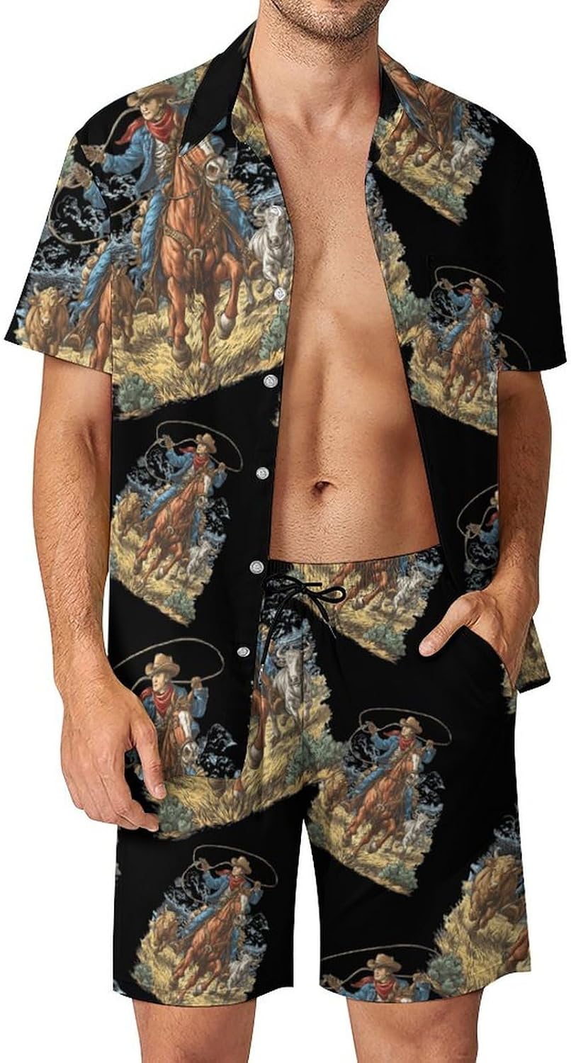 Cowboys on Horseback Men's Summer Beach 2 Piece Outfits | hawaiian button down shirt and shorts,vacation cruise,mens bathing suit