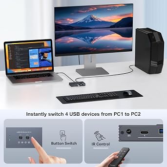 USB 3.2 Switch 2 Computers Share 4 USB Devices with IR Remote 4 Port Hub USB KVM Control 10Gbps Data Sharing for Keyboard Mouse Printer Scanner