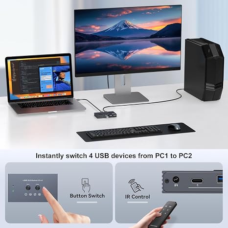 USB 3.2 Switch 2 Computers Share 4 USB Devices with IR Remote 4 Port Hub USB KVM Control 10Gbps Data Sharing for Keyboard Mouse Printer Scanner
