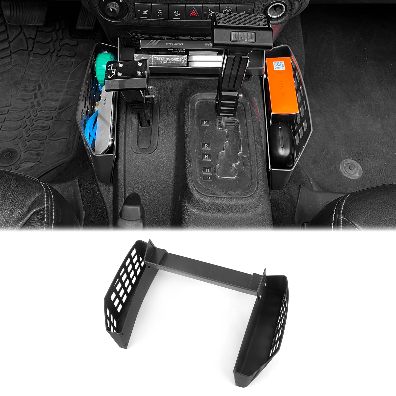 Metall-Organizer für die Schalthebelkonsole für Jeep Wrangler JK JKU 2011–2018, Aufbewahrungsbox für den Schalthebel, Hängebox für die Mittelkonsole, Münzaufbewahrungsbox für das Getriebefach