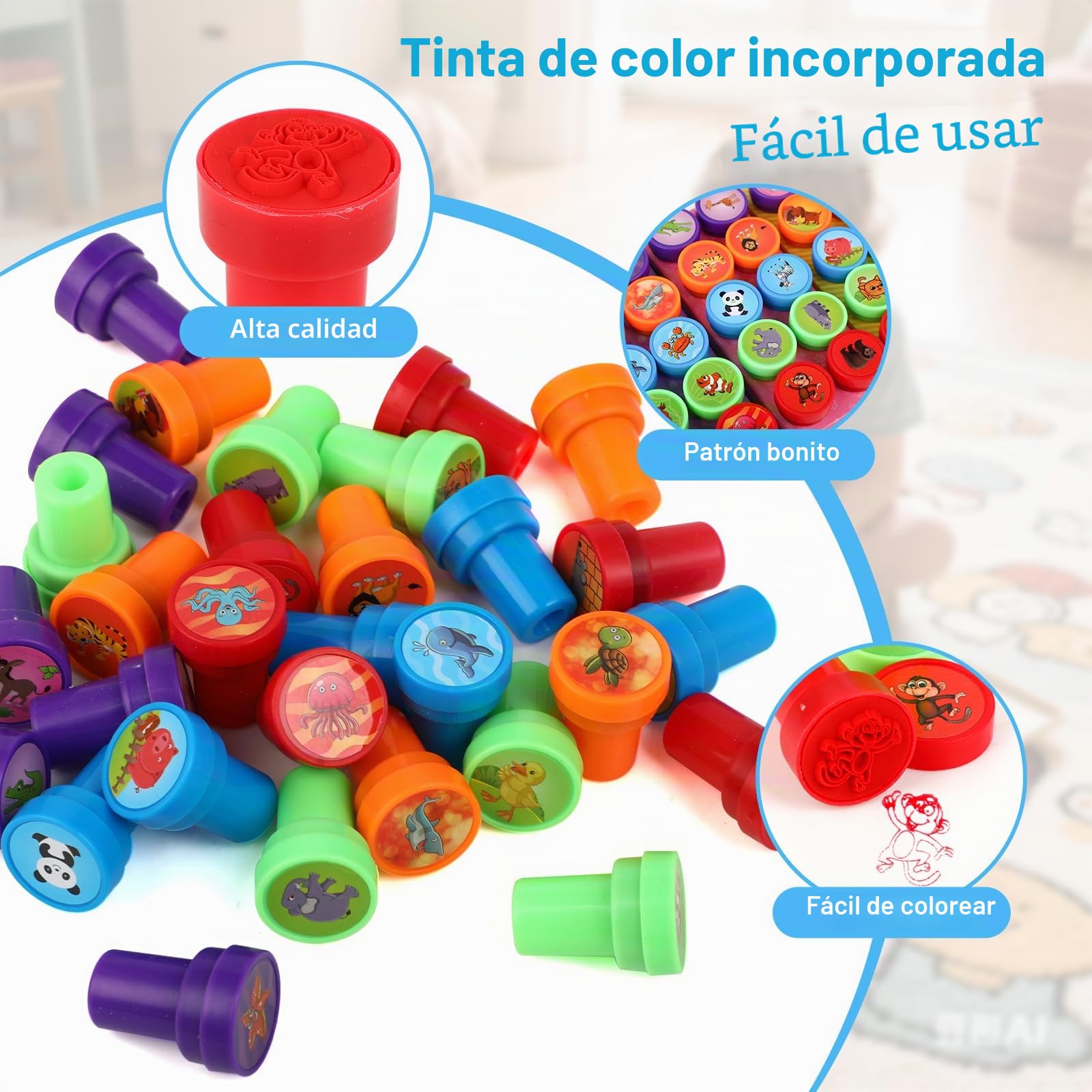 RMIVEGLIA Set de 30 Sellos Infantiles – Sellos para Niños Autotintables con Dibujos de Animales, de Plástico en 5 Colores, Regalos Cumpleaños Niños Colegio, Detalles para Fiestas.