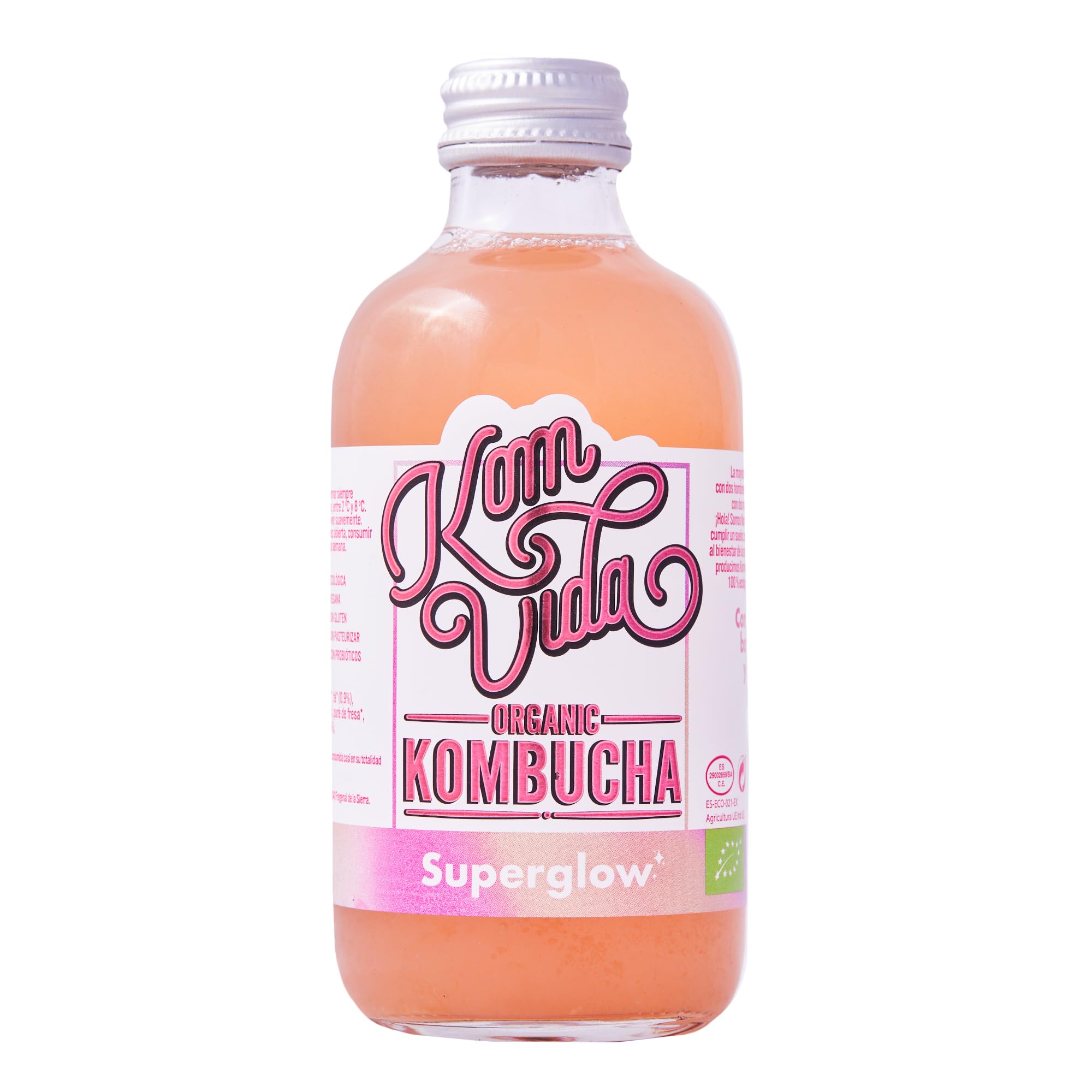 Kombucha Komvida Superglow- Bebida Ecológica de Té fermentado con aloe vera, Sabor Fresa y Lima, Probióticos Naturales, Baja en calorías, 250ml