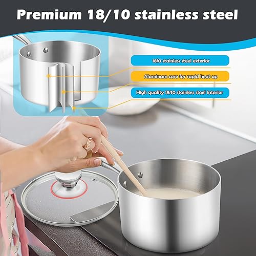 Miniatura 4 de E-far Cacerola de 3 cuartos de galón, sartén de acero inoxidable de tres capas con tapa de vidrio, pequeña olla de inducción de cocción compatible