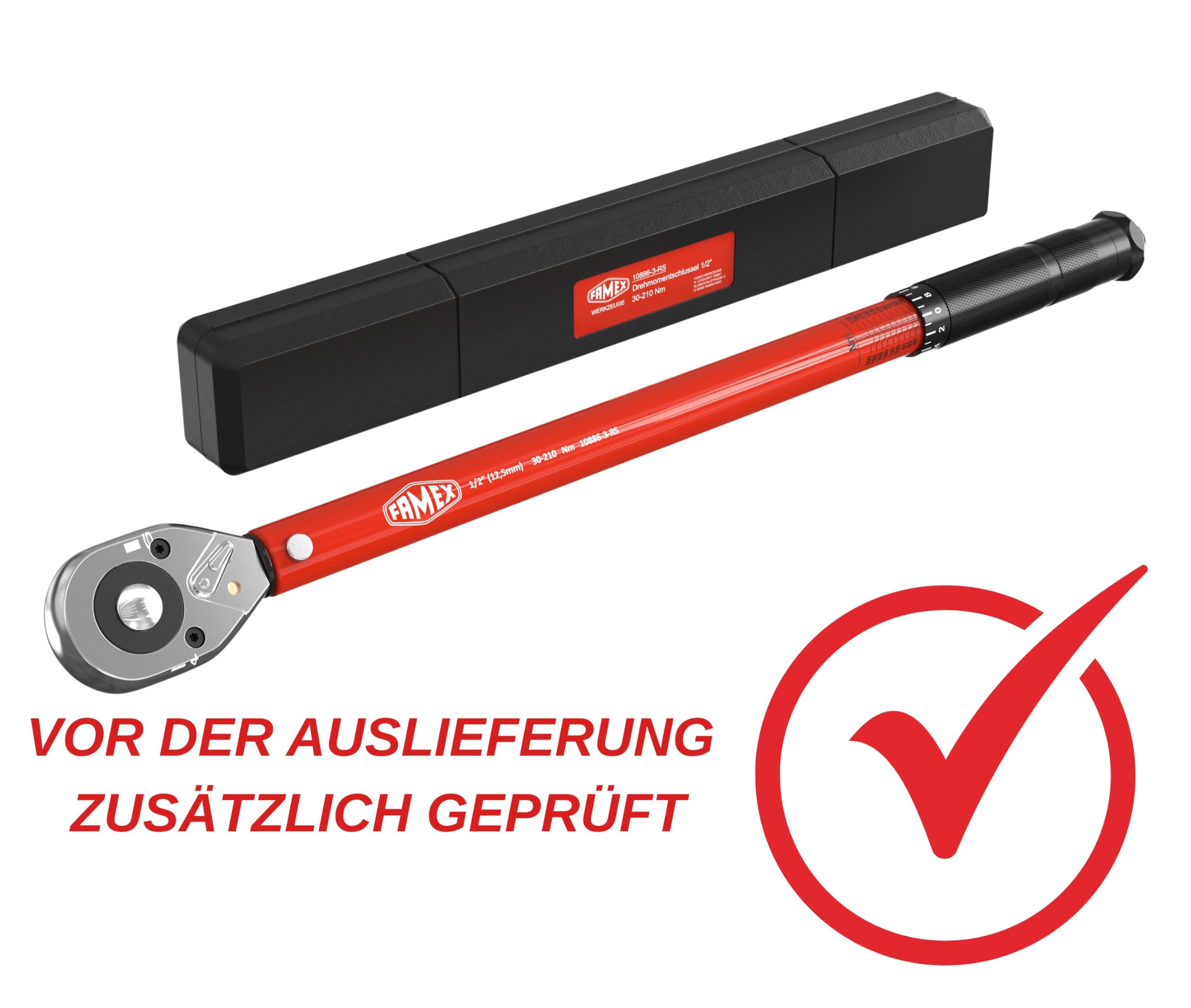 FAMEX 10886-3-RS1 klucz dynamometryczny 1/2" (12,5 mm) - 30-210 Nm - nakrętki do wkrętarki udarowej ze stali chromowo-molibdenowej, obrotowe, w zestawie przedłużacz, do samochodu, motocykla, vana