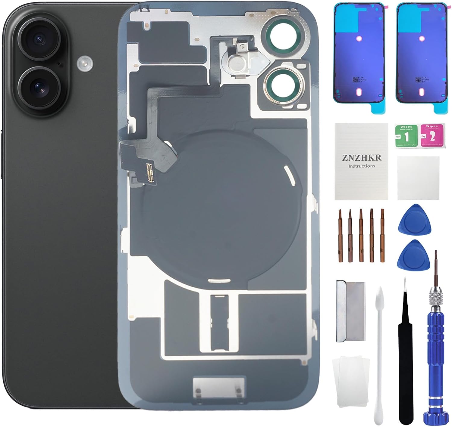 16 Back Glass Replacement with Wireless Charging Flex Cable and Camera Frame All Parts for iPhone 16 (6.1 Inch Black) Replacement of Equipment Waterproof Tape
