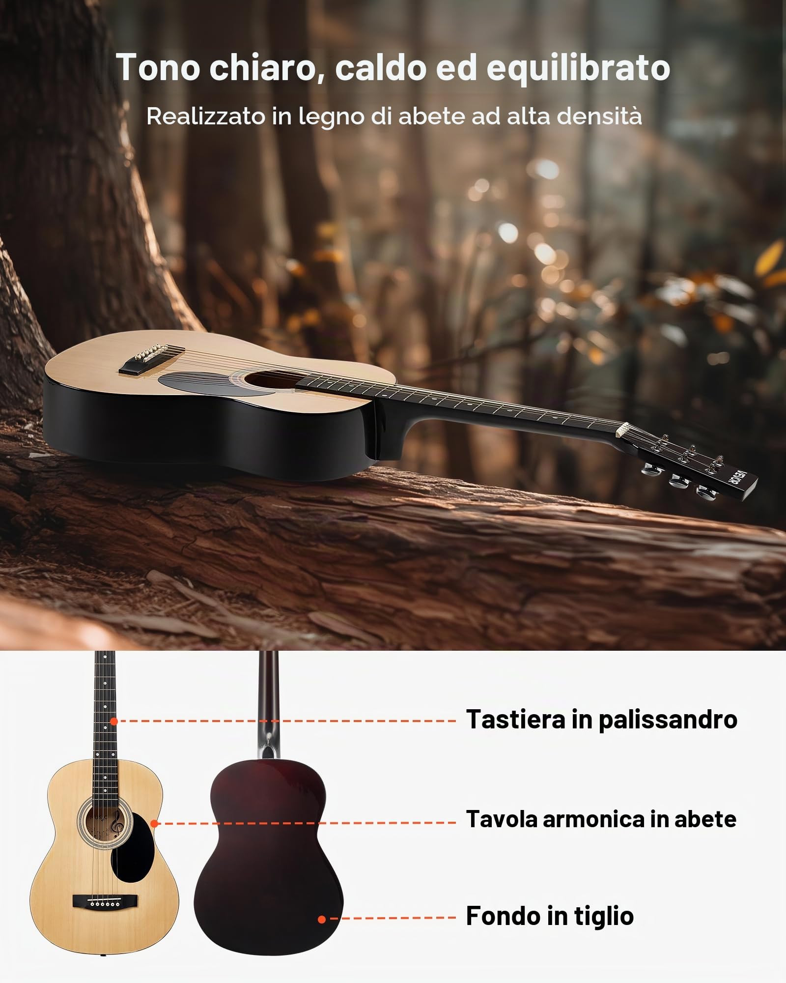 VEVOR Chitarra Acustica Dreadnought 914,4 mm Chitarra Acustica a 6 Corde con Tavola Armonica in Massello Naturale, Custodia Morbida, Accordatore, Tracolla, Corde in Acciaio, Tastiera in Palissandro