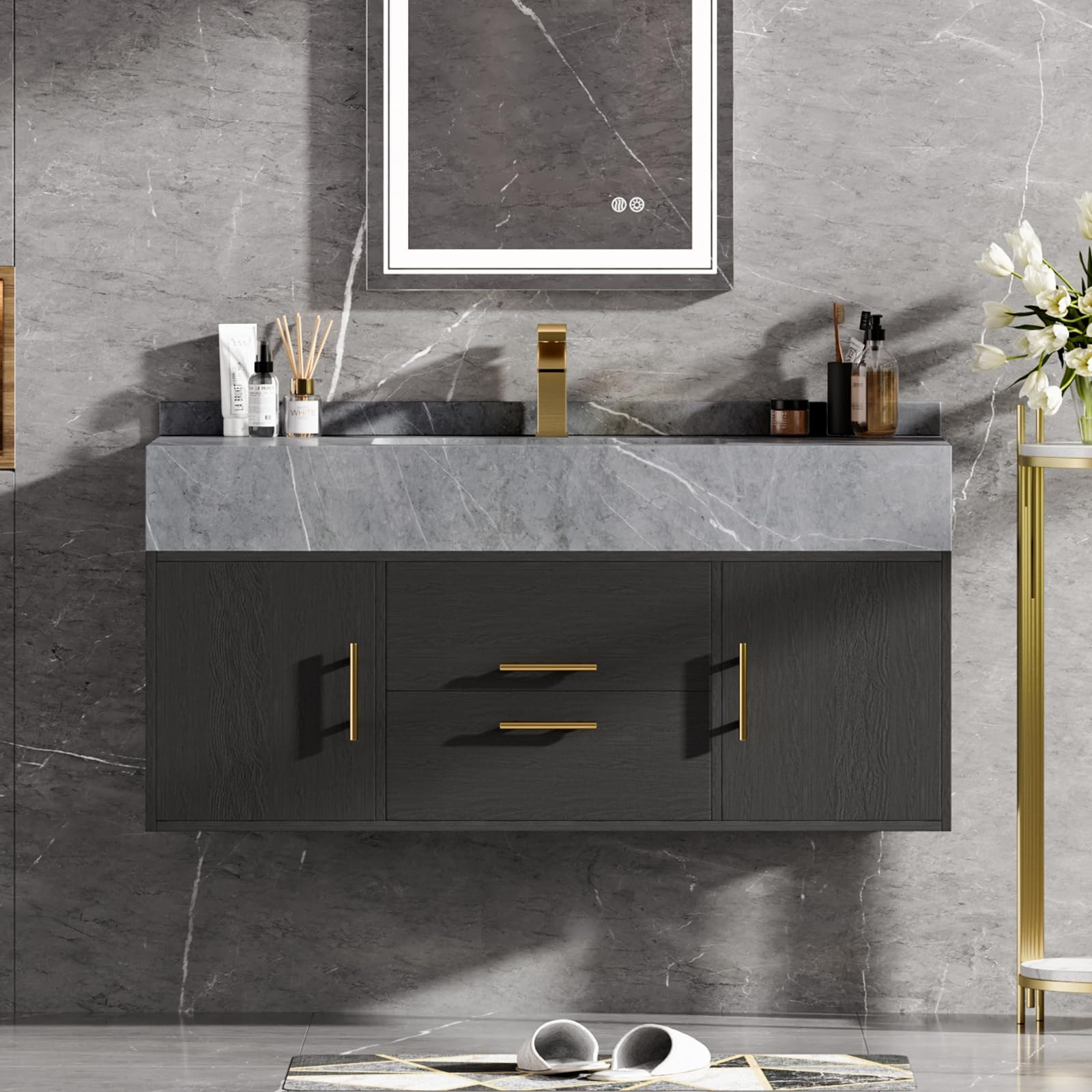 homary 39.4 inch floating black vanity with gold hardware and sintered stone top