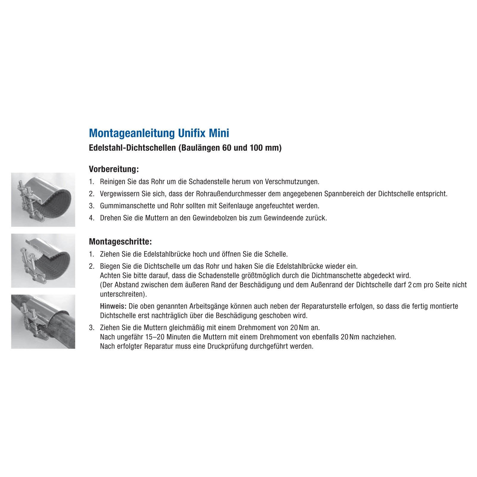 Dichtband Unifix 108 - 118 mm Dichtschelle Reparaturschelle Edelstahl
