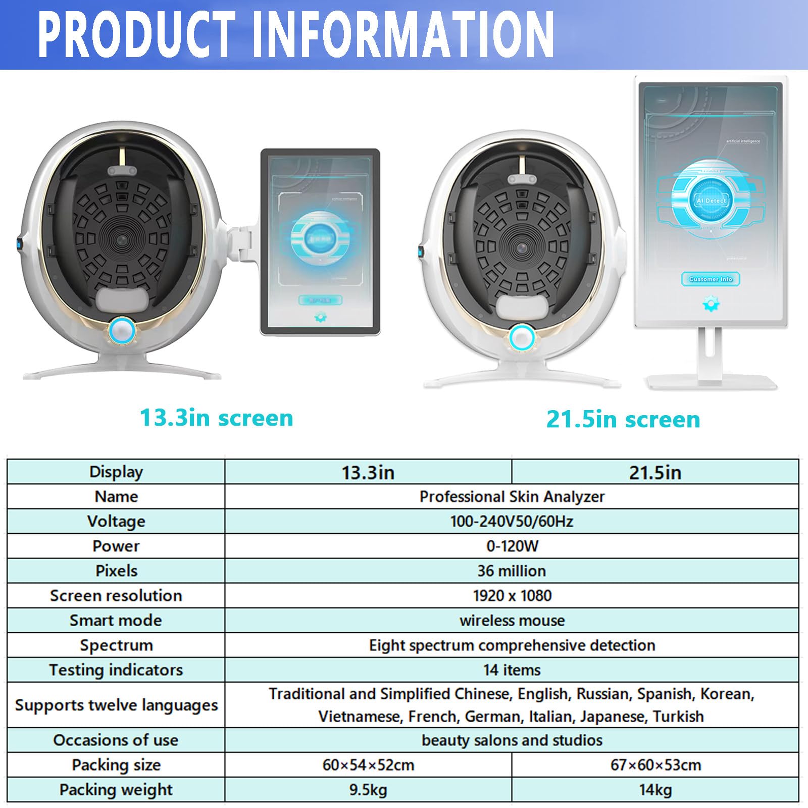 Macchina per l'analisi della Pelle Professionale per Il Viso, rilevatore di Pelle Intelligente, Imaging AI da 13,3/21,5", Strumento diagnostico per Il Viso per saloni e Spa White-13.3in