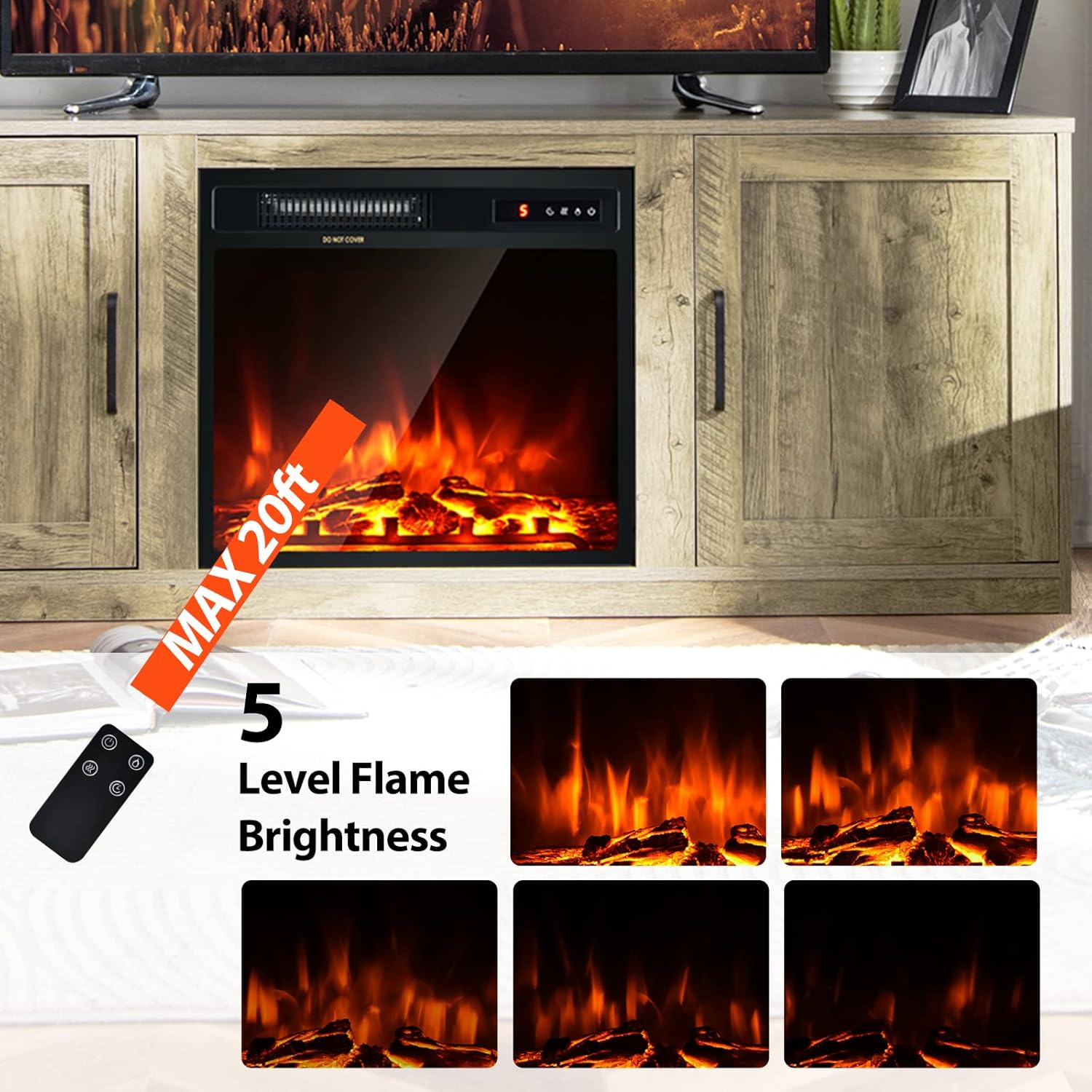 Tangkula Electric Fireplace TV Stand for TVs up to 65 Inch,with 18 Inch 1500W Faux Fireplace,Built-in Thermostat, 5 Level Brightness, Remote Control and Timer, Fireplace Stand for Living Room